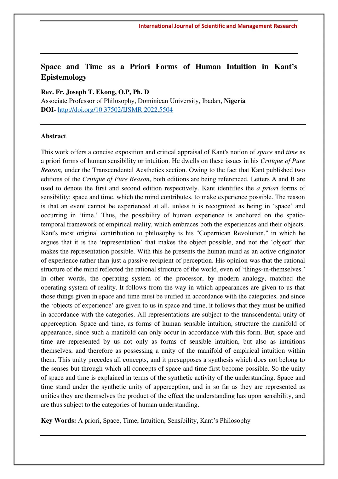 غلاف تقرير Space and Time as a Priori Forms of Human Intuition in Kant's Epistemology