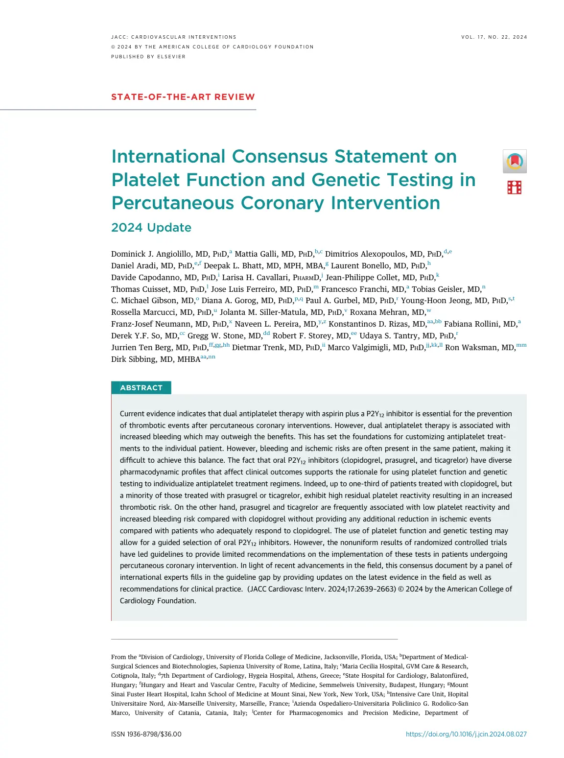 غلاف تقرير International Consensus Statement on Platelet Function and Genetic Testing in Percutaneous Coronary Intervention: 2024 Update