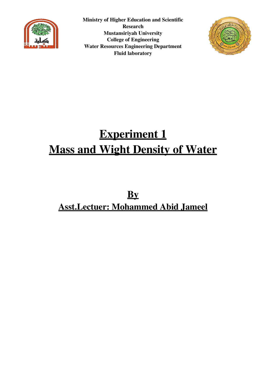 غلاف تقرير Mass and Weight Density of Water