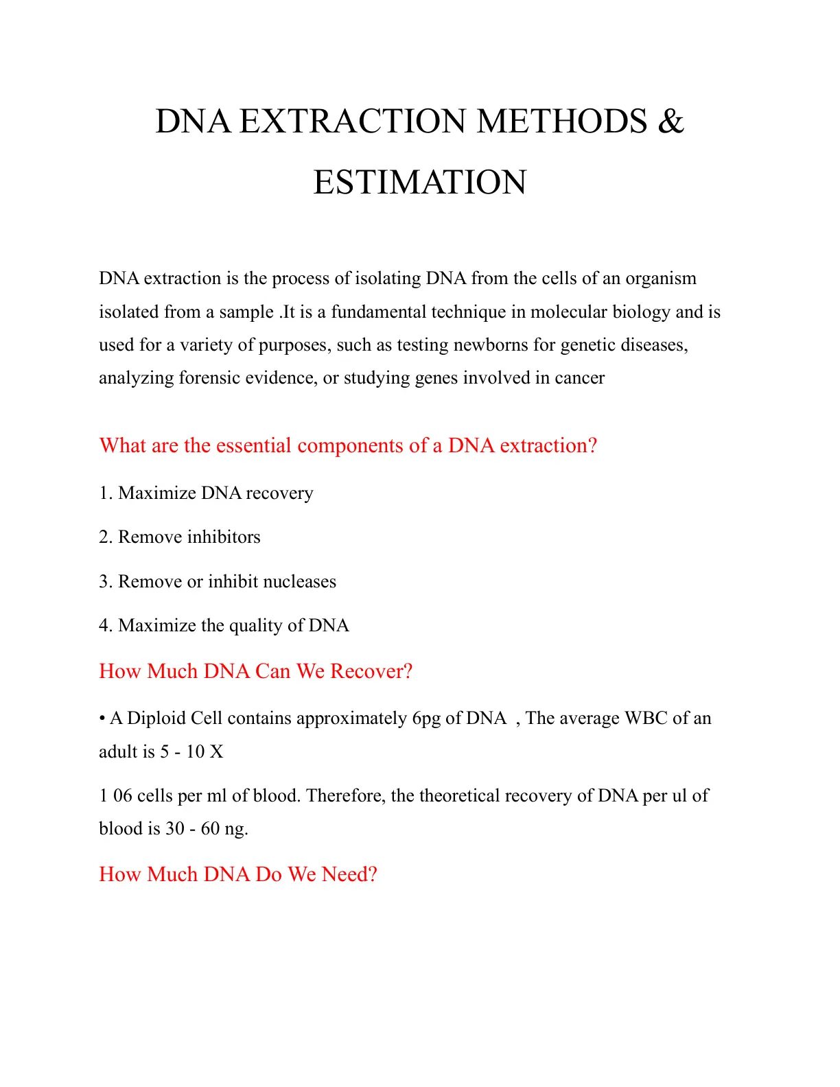 غلاف تقرير DNA EXTRACTION METHODS & ESTIMATION