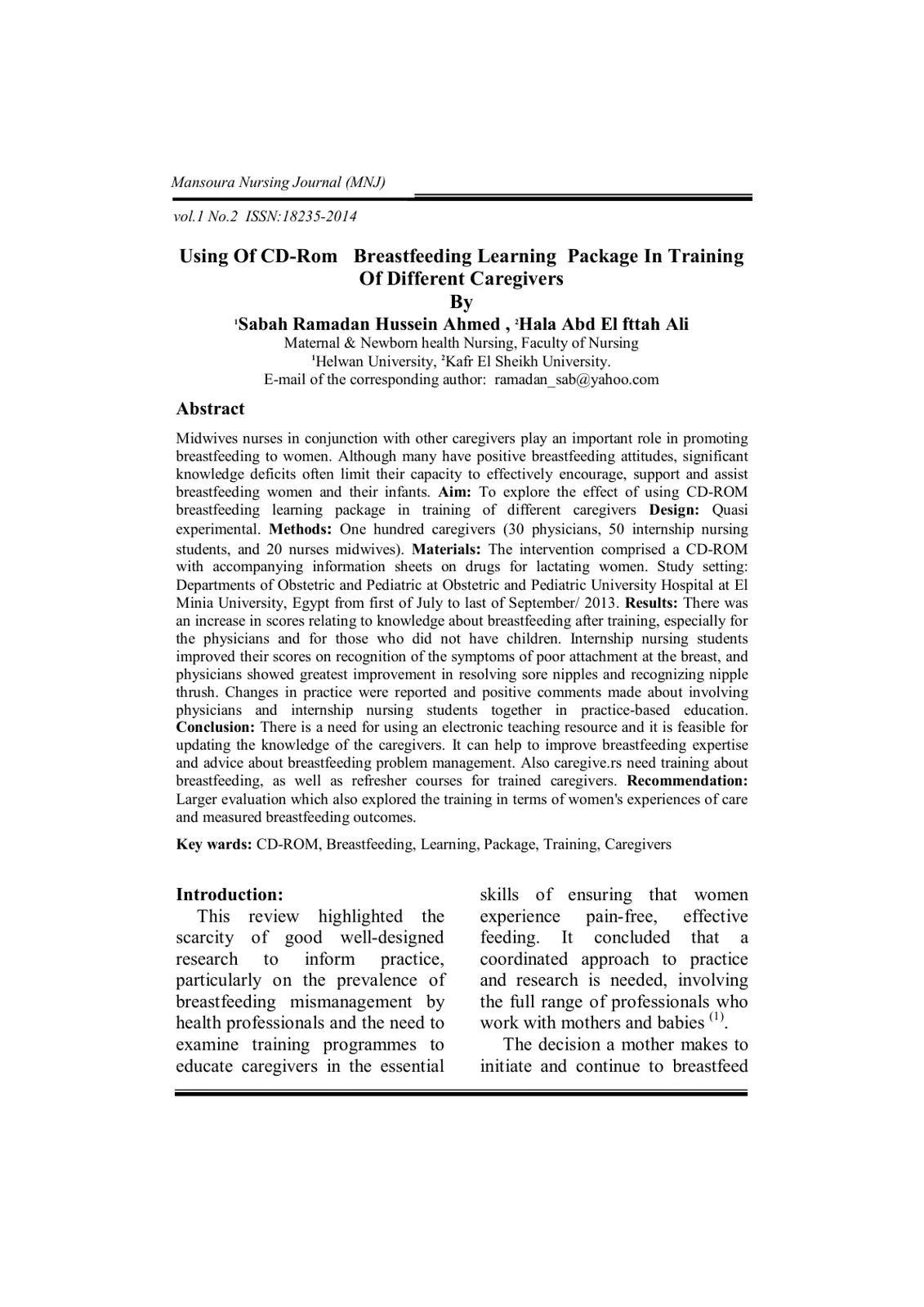 غلاف تقرير Using Of CD-Rom Breastfeeding Learning Package In Training Of Different Caregivers