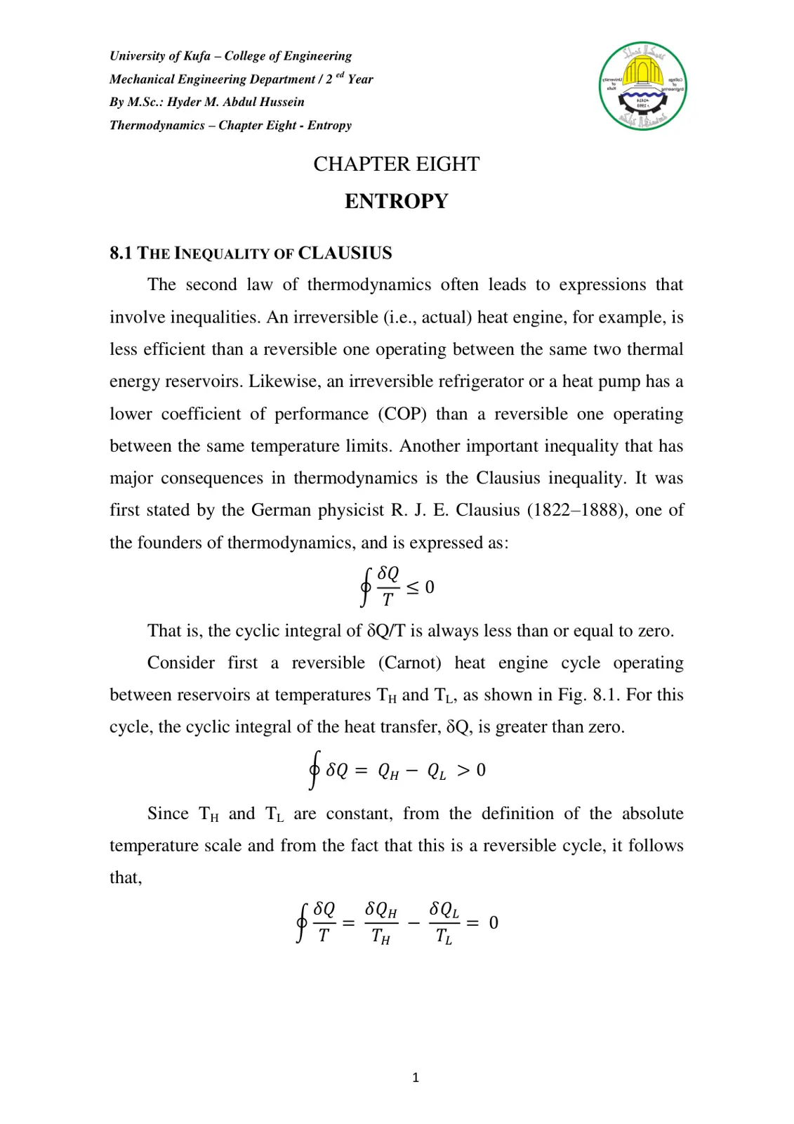 غلاف تقرير Thermodynamics - Chapter Eight - Entropy