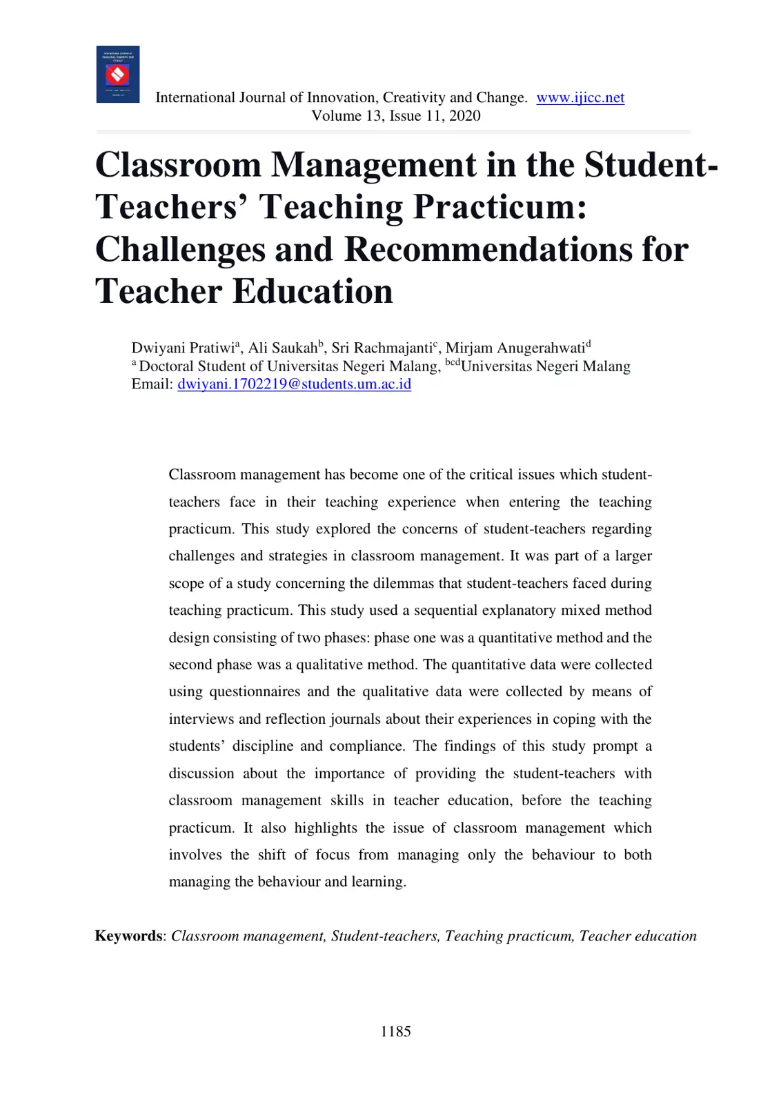 غلاف تقرير Classroom Management in the Student-Teachers' Teaching Practicum: Challenges and Recommendations for Teacher Education