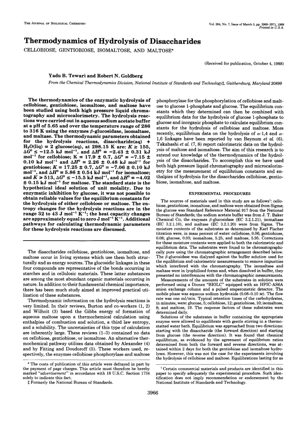 غلاف تقرير Thermodynamics of Hydrolysis of Disaccharides CELLOBIOSE, GENTIOBIOSE, ISOMALTOSE, AND MALTOSE