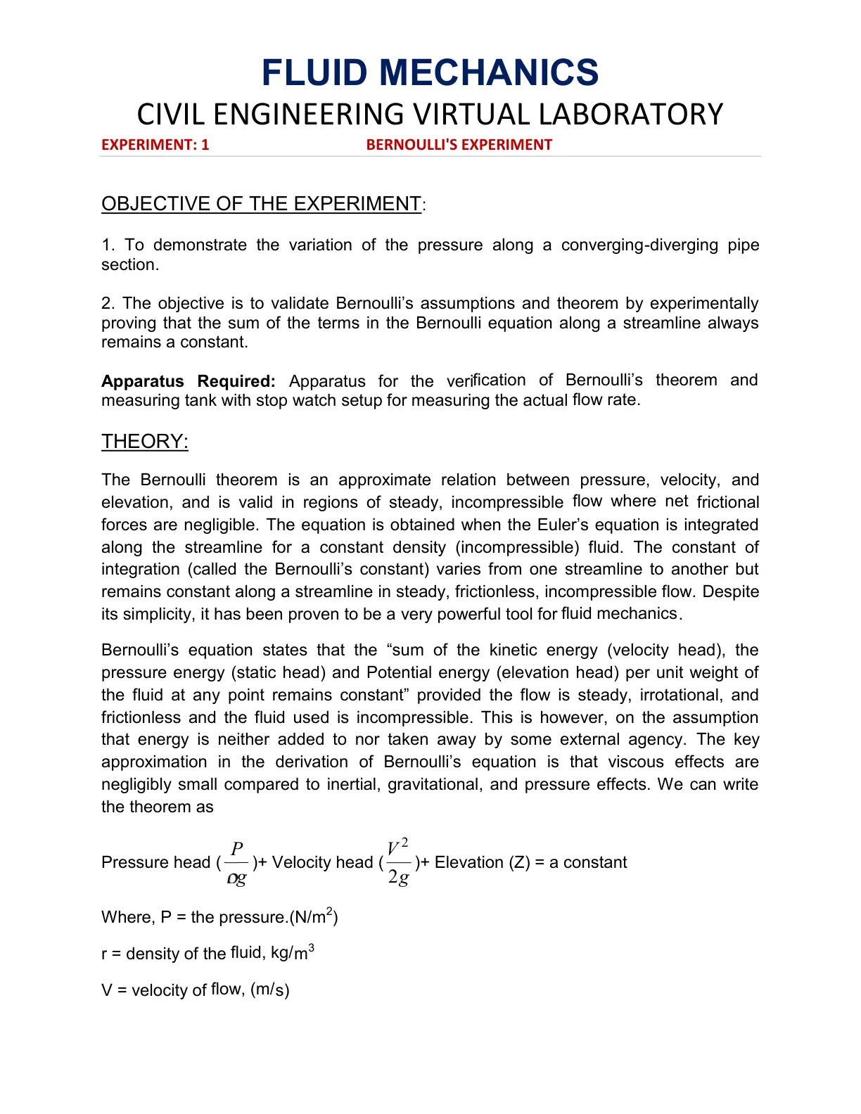 غلاف تقرير Fluid Mechanics Civil Engineering Virtual Laboratory: Bernoulli's Experiment