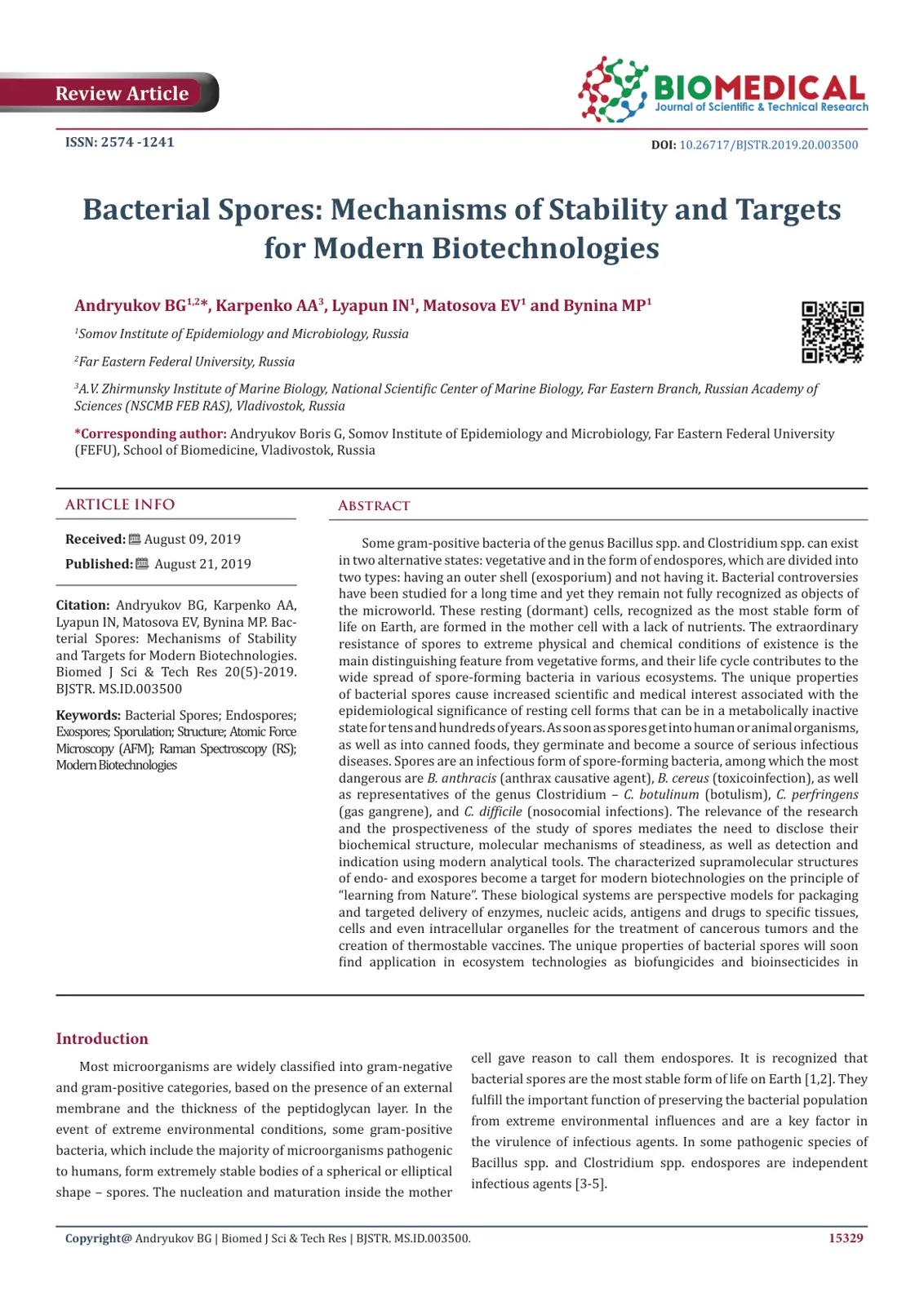 غلاف تقرير Bacterial Spores: Mechanisms of Stability and Targets for Modern Biotechnologies