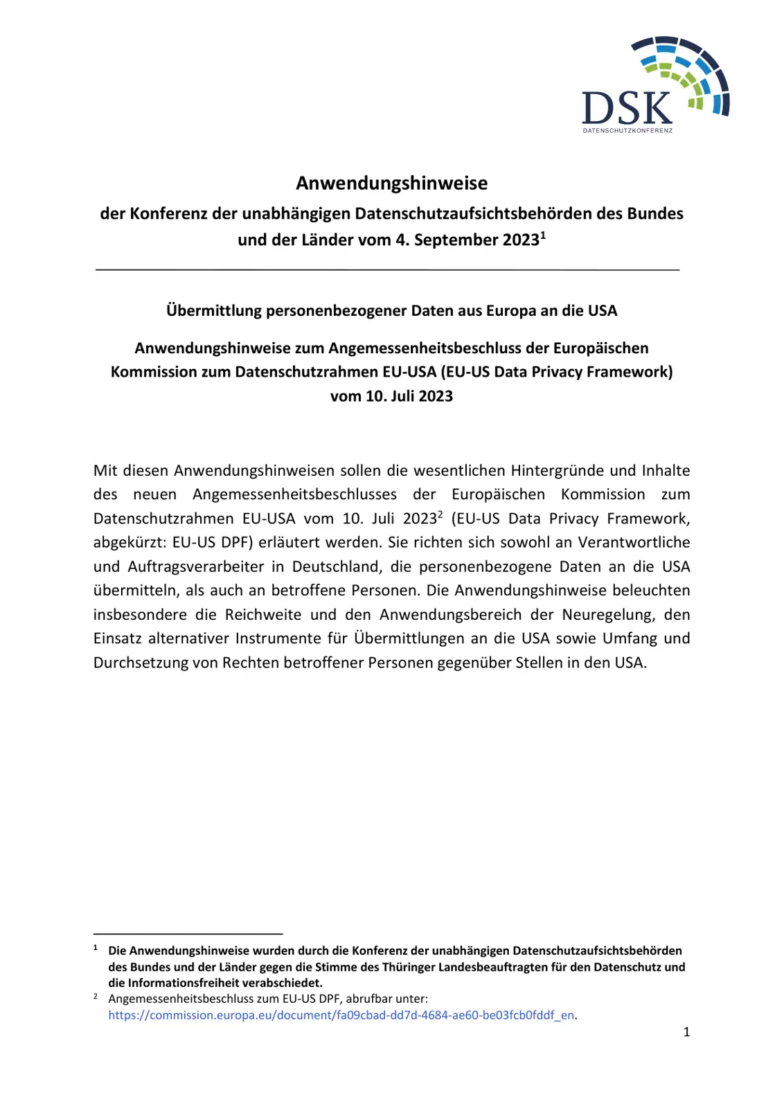 غلاف تقرير Anwendungshinweise: Übermittlung personenbezogener Daten aus Europa an die USA (EU-US Data Privacy Framework)