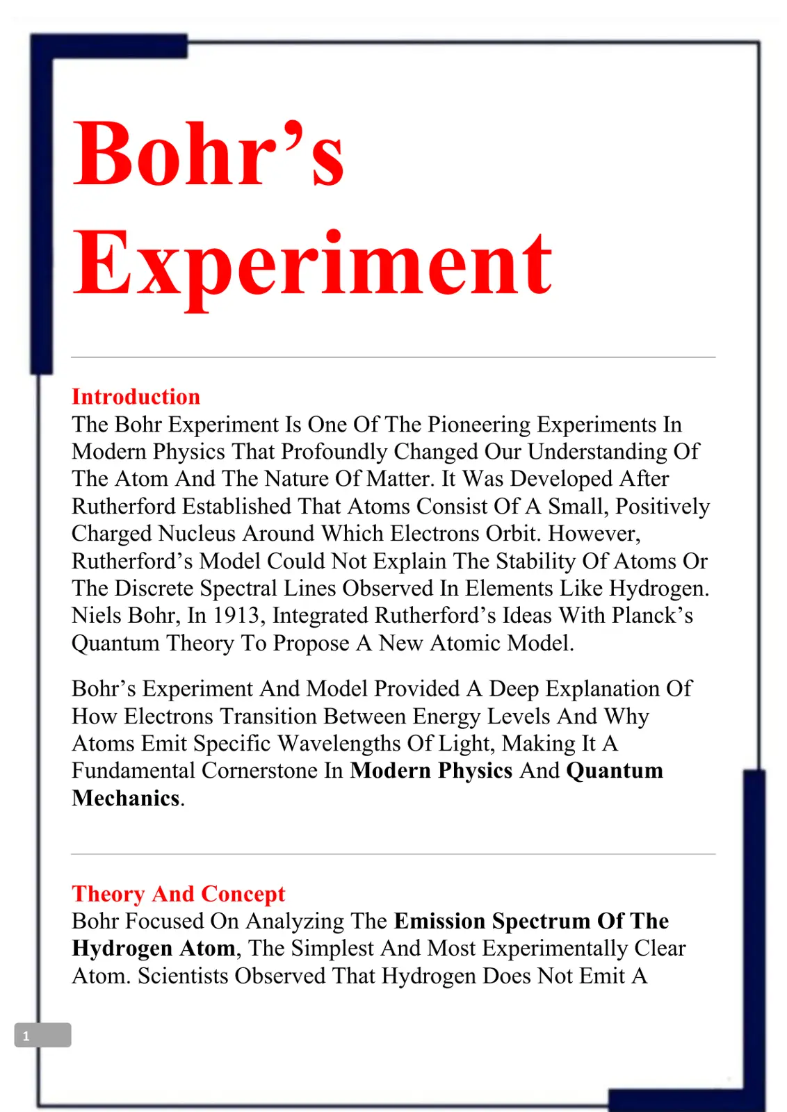 غلاف تقرير Bohr's Experiment and Atomic Model