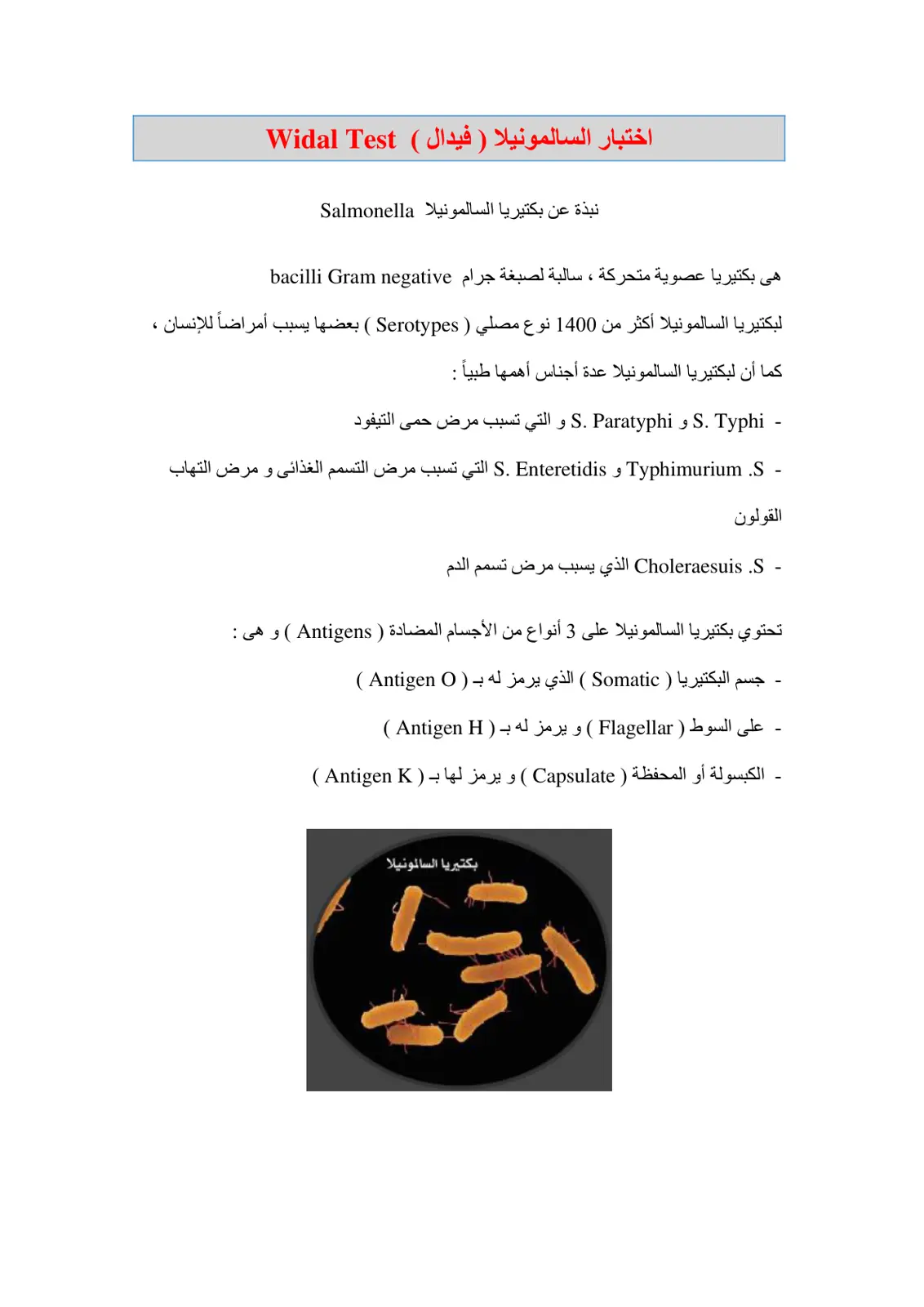 غلاف تقرير اختبار السالمونيلا (فيدال) Widal Test