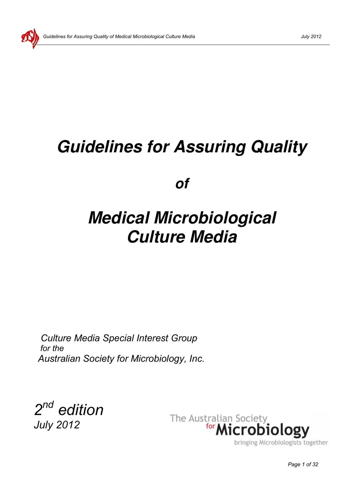 غلاف تقرير Guidelines for Assuring Quality of Medical Microbiological Culture Media