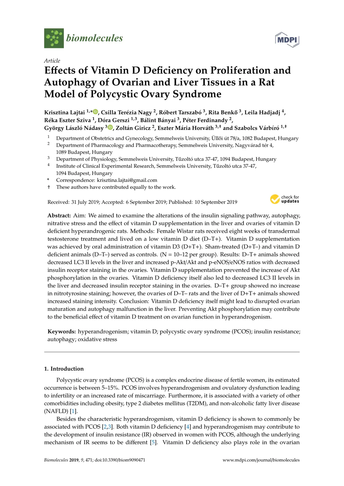 غلاف تقرير Effects of Vitamin D Deficiency on Proliferation and Autophagy of Ovarian and Liver Tissues in a Rat Model of Polycystic Ovary Syndrome