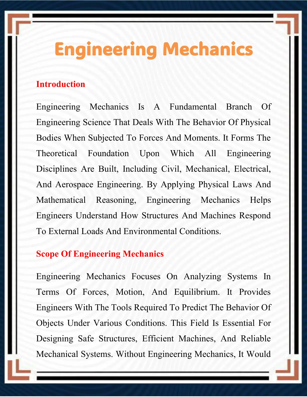 غلاف تقرير Engineering Mechanics