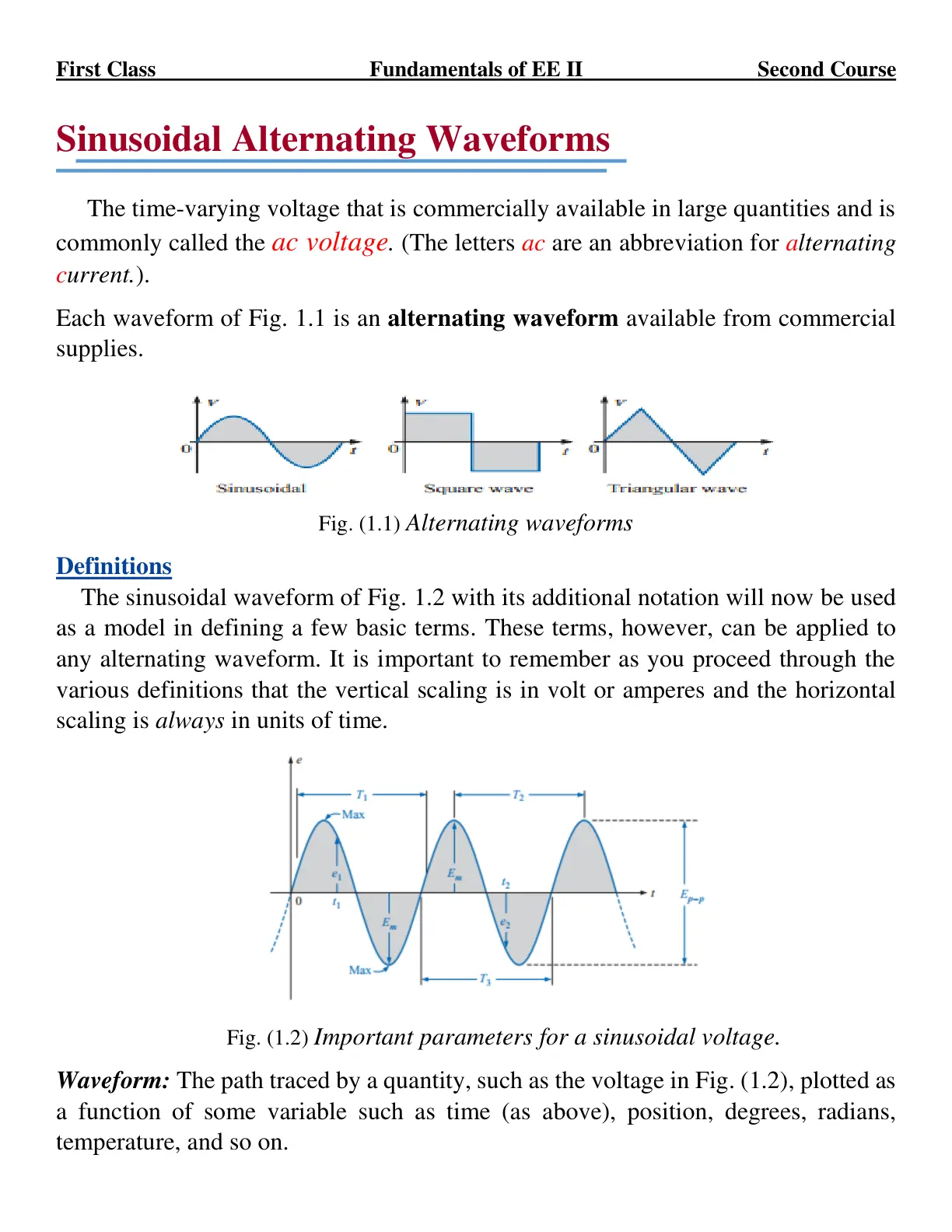 غلاف تقرير Fundamentals of Electrical Engineering II – Sinusoidal Alternating Waveforms