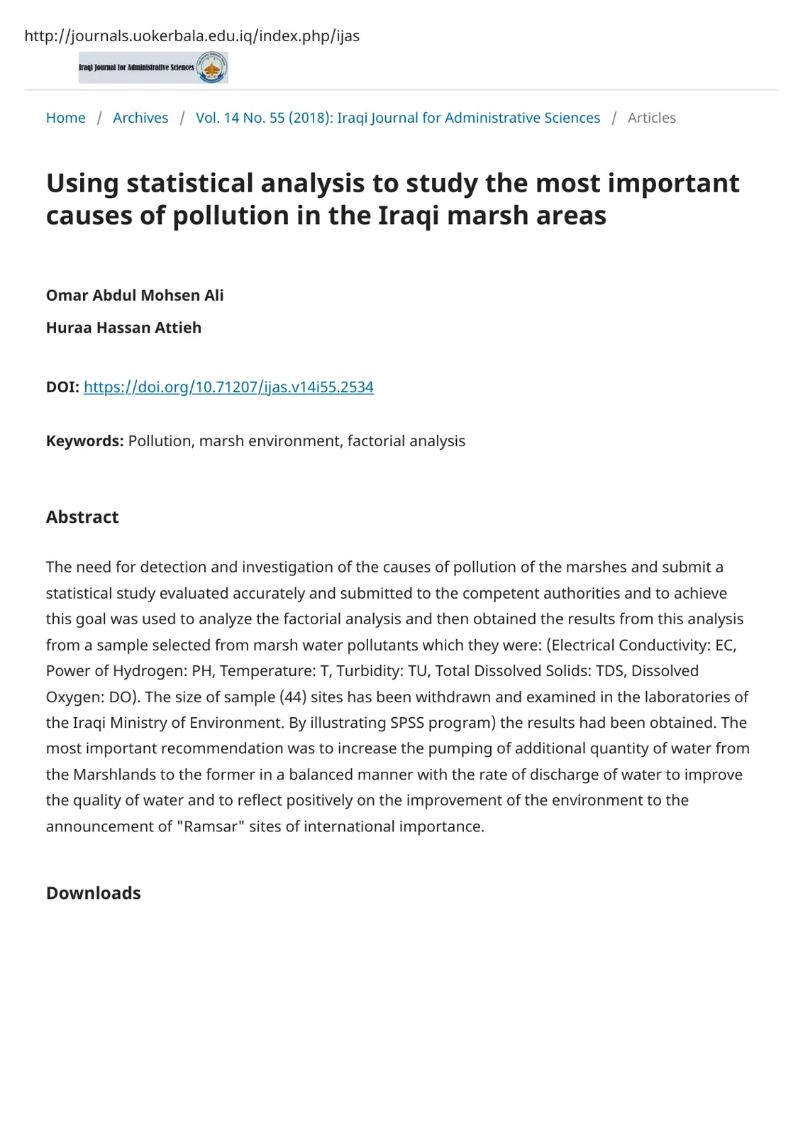 غلاف تقرير Using statistical analysis to study the most important causes of pollution in the Iraqi marsh areas