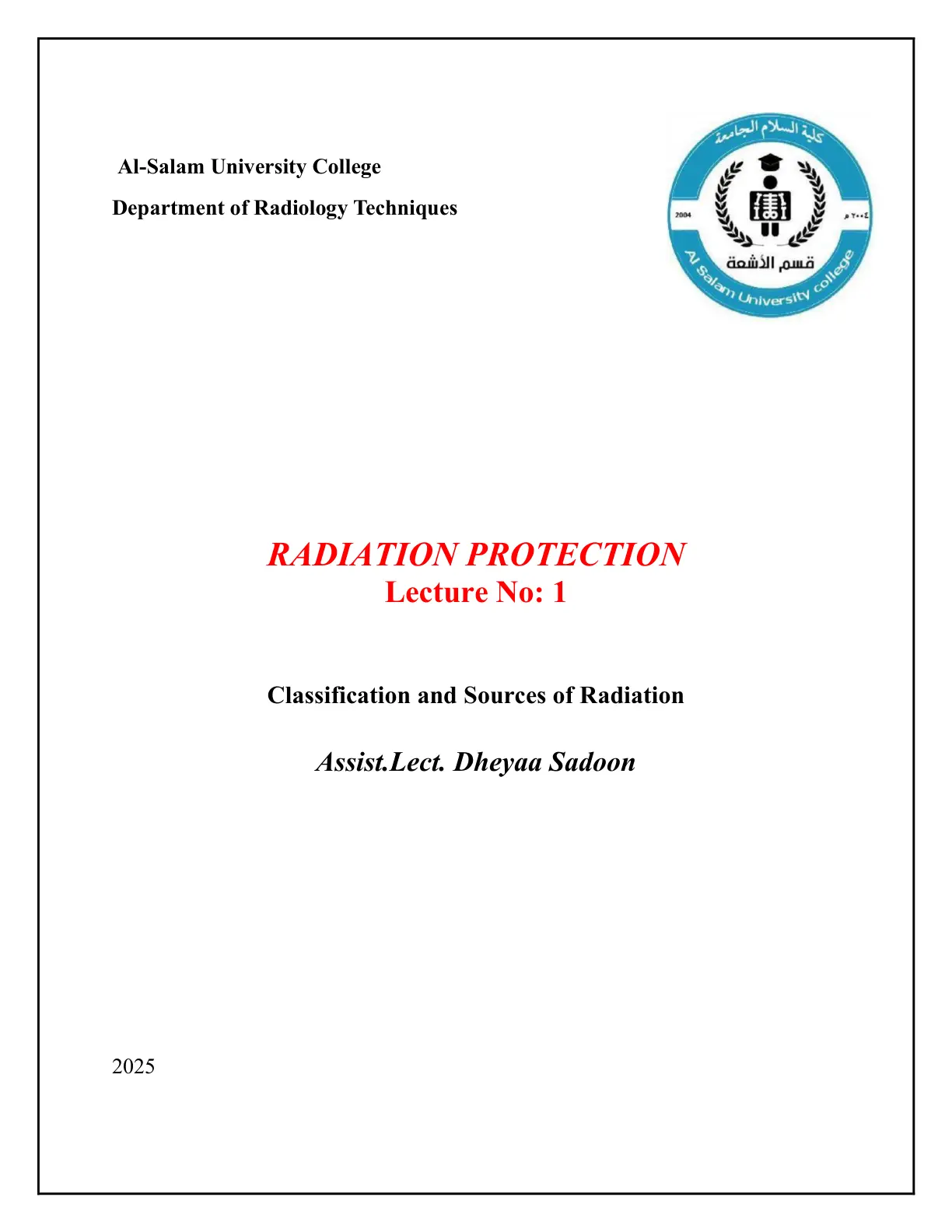 غلاف تقرير RADIATION PROTECTION – Lecture 1: Classification and Sources of Radiation