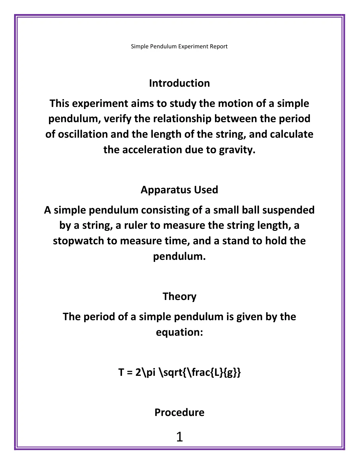 غلاف تقرير Simple Pendulum Experiment Report