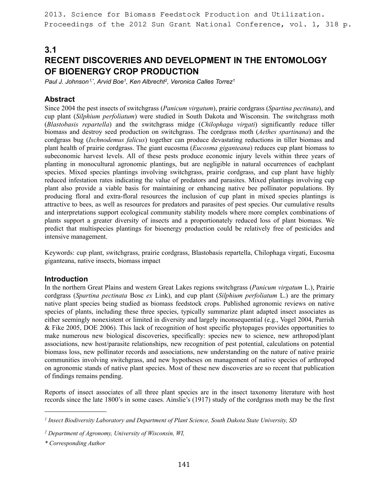 غلاف تقرير RECENT DISCOVERIES AND DEVELOPMENT IN THE ENTOMOLOGY OF BIOENERGY CROP PRODUCTION