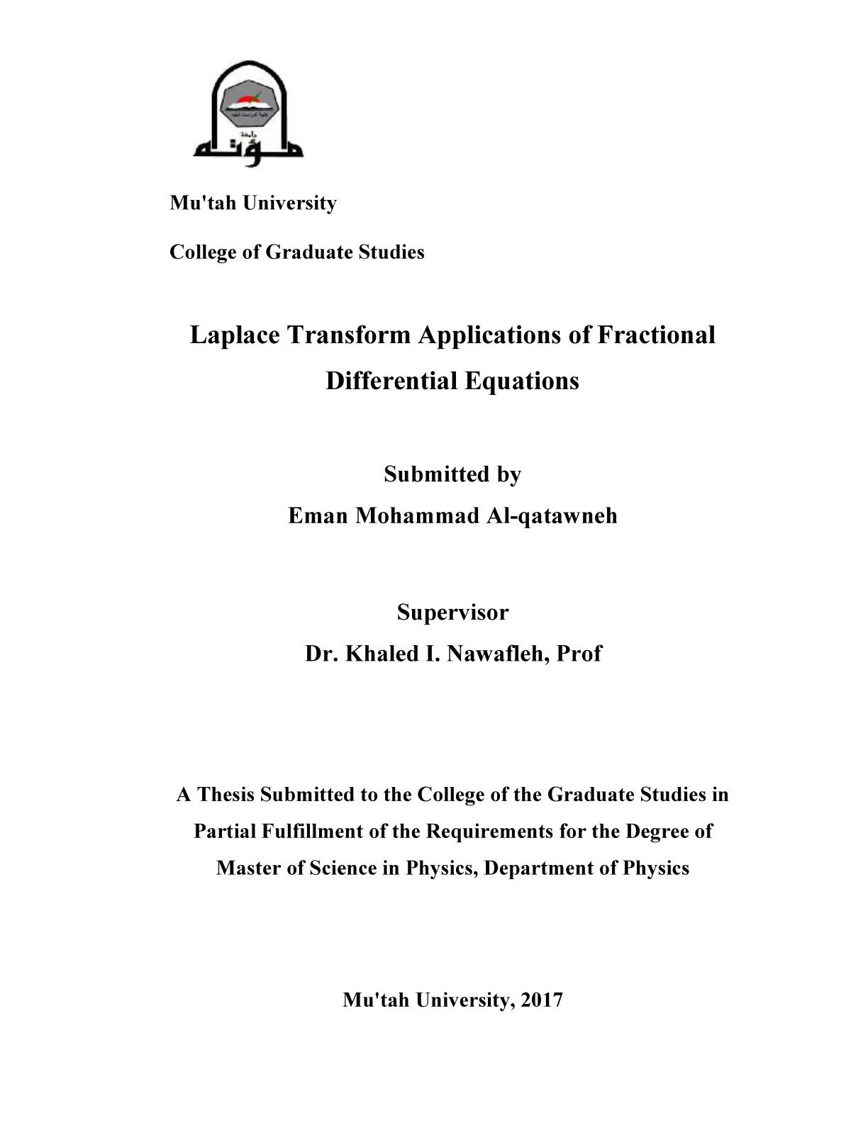 غلاف تقرير Laplace Transform Applications of Fractional Differential Equations