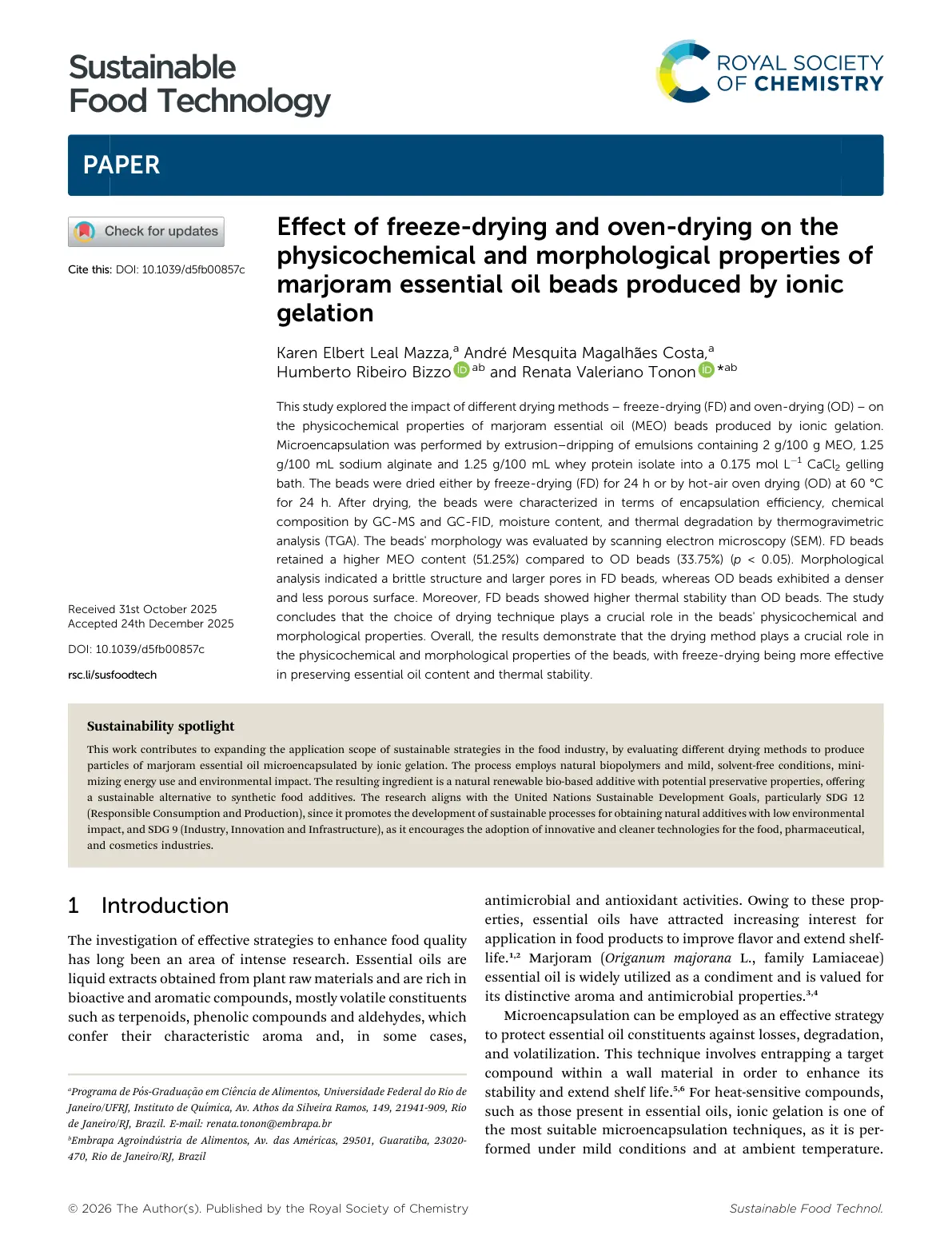 غلاف تقرير Effect of freeze-drying and oven-drying on the physicochemical and morphological properties of marjoram essential oil beads produced by ionic gelation