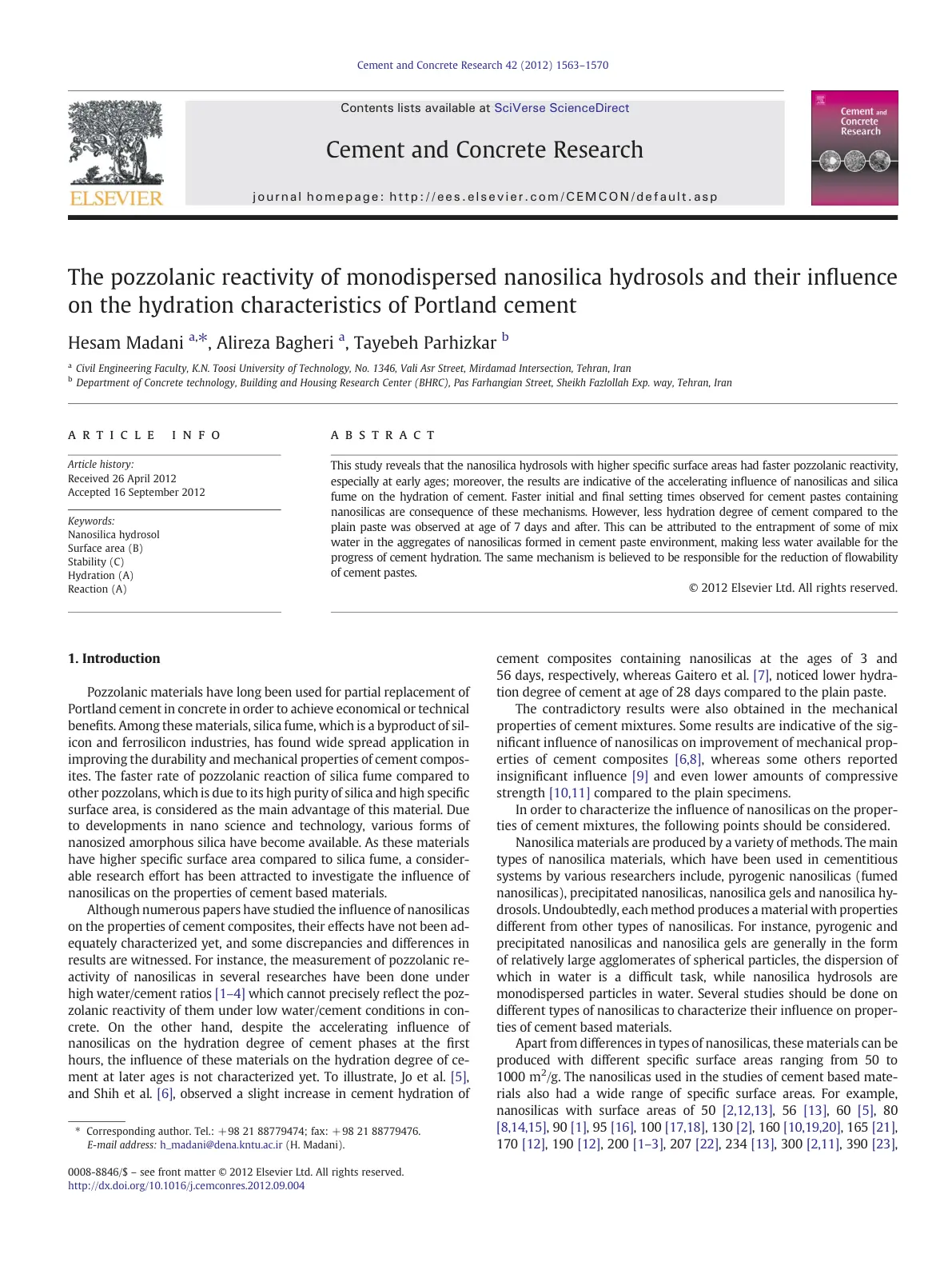 غلاف تقرير The pozzolanic reactivity of monodispersed nanosilica hydrosols and their influence on the hydration characteristics of Portland cement