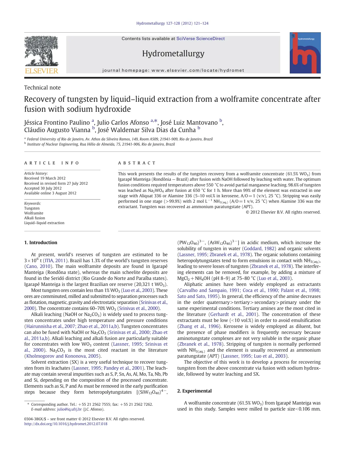 غلاف تقرير Recovery of tungsten by liquid-liquid extraction from a wolframite concentrate after fusion with sodium hydroxide