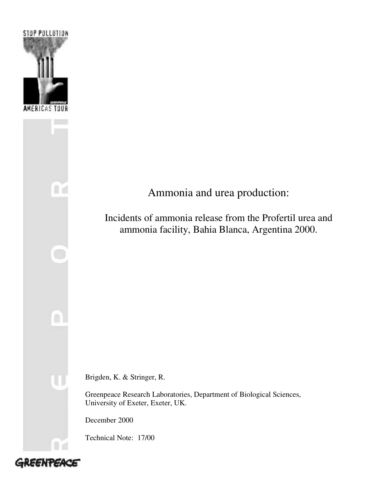 غلاف تقرير Ammonia and urea production: Incidents of ammonia release from the Profertil urea and ammonia facility, Bahia Blanca, Argentina 2000.