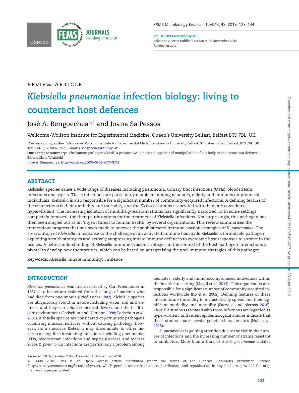 غلاف تقرير Klebsiella pneumoniae infection biology: living to counteract host defences