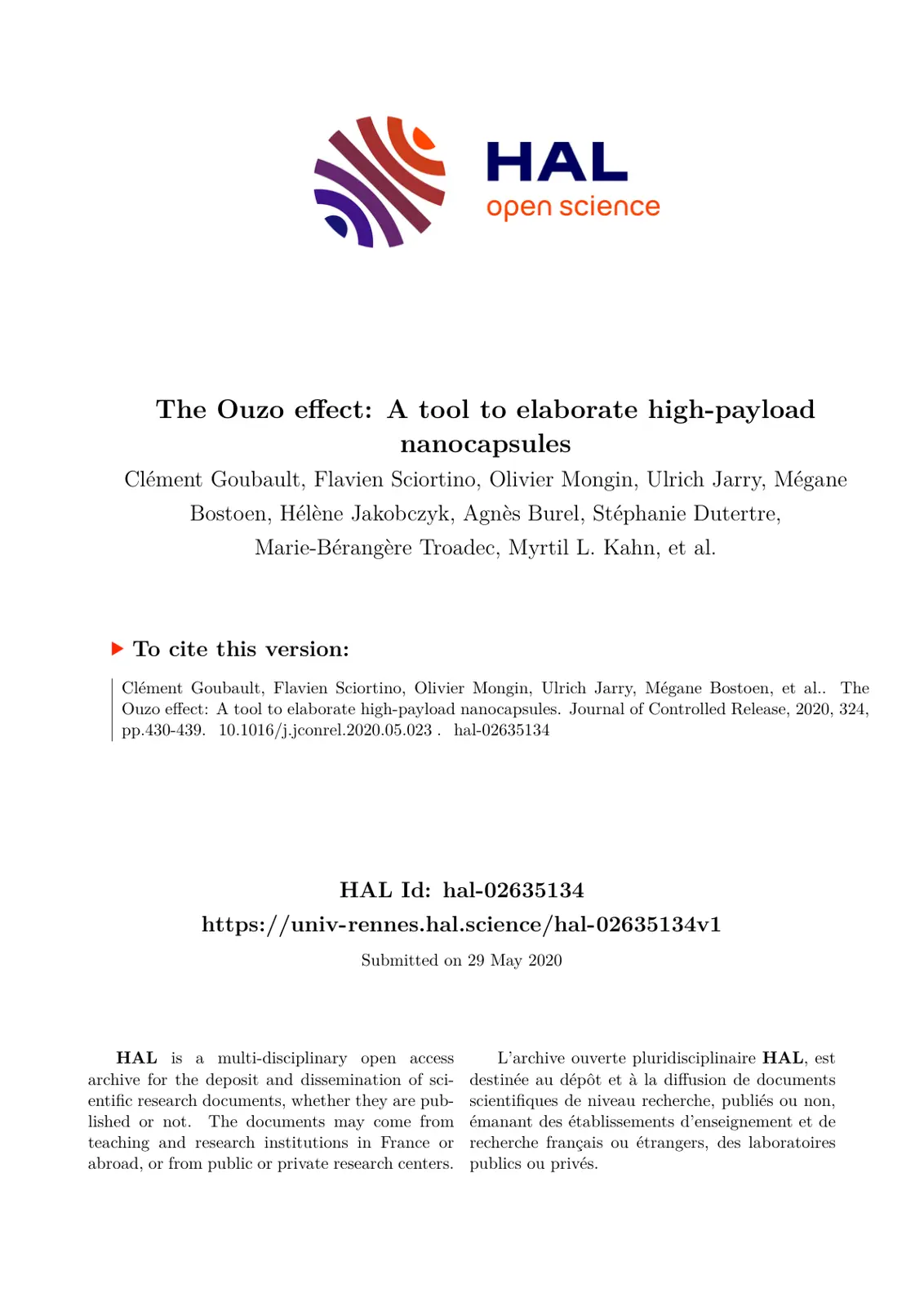غلاف تقرير The Ouzo effect: A tool to elaborate high-payload nanocapsules
