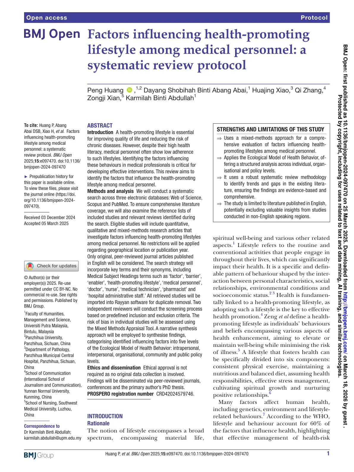 غلاف تقرير Factors influencing health-promoting lifestyle among medical personnel: a systematic review protocol