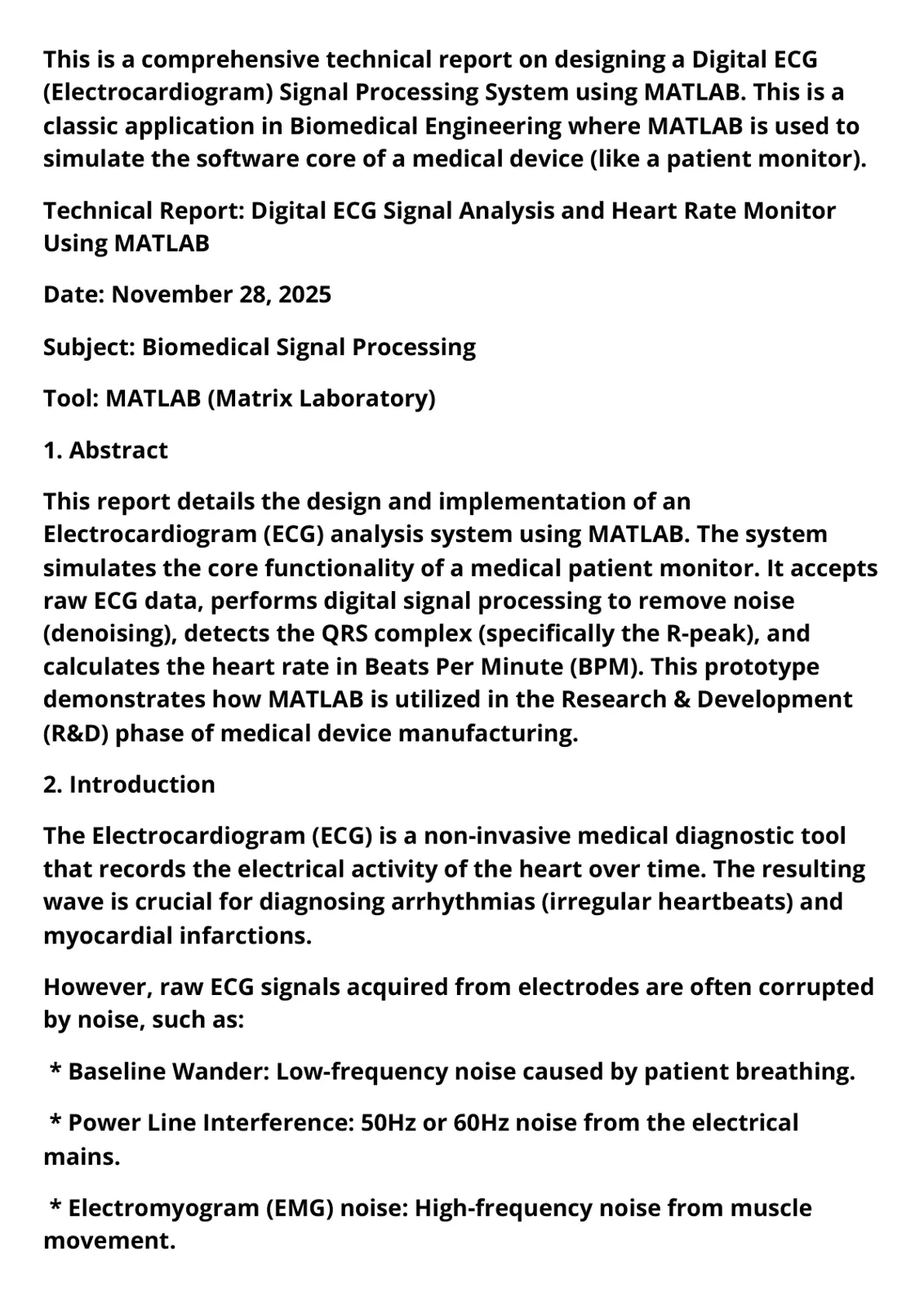 غلاف تقرير Digital ECG Signal Analysis and Heart Rate Monitor Using MATLAB
