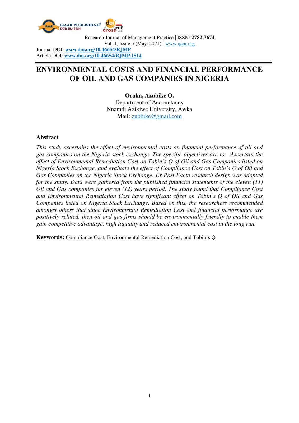 غلاف تقرير ENVIRONMENTAL COSTS AND FINANCIAL PERFORMANCE OF OIL AND GAS COMPANIES IN NIGERIA