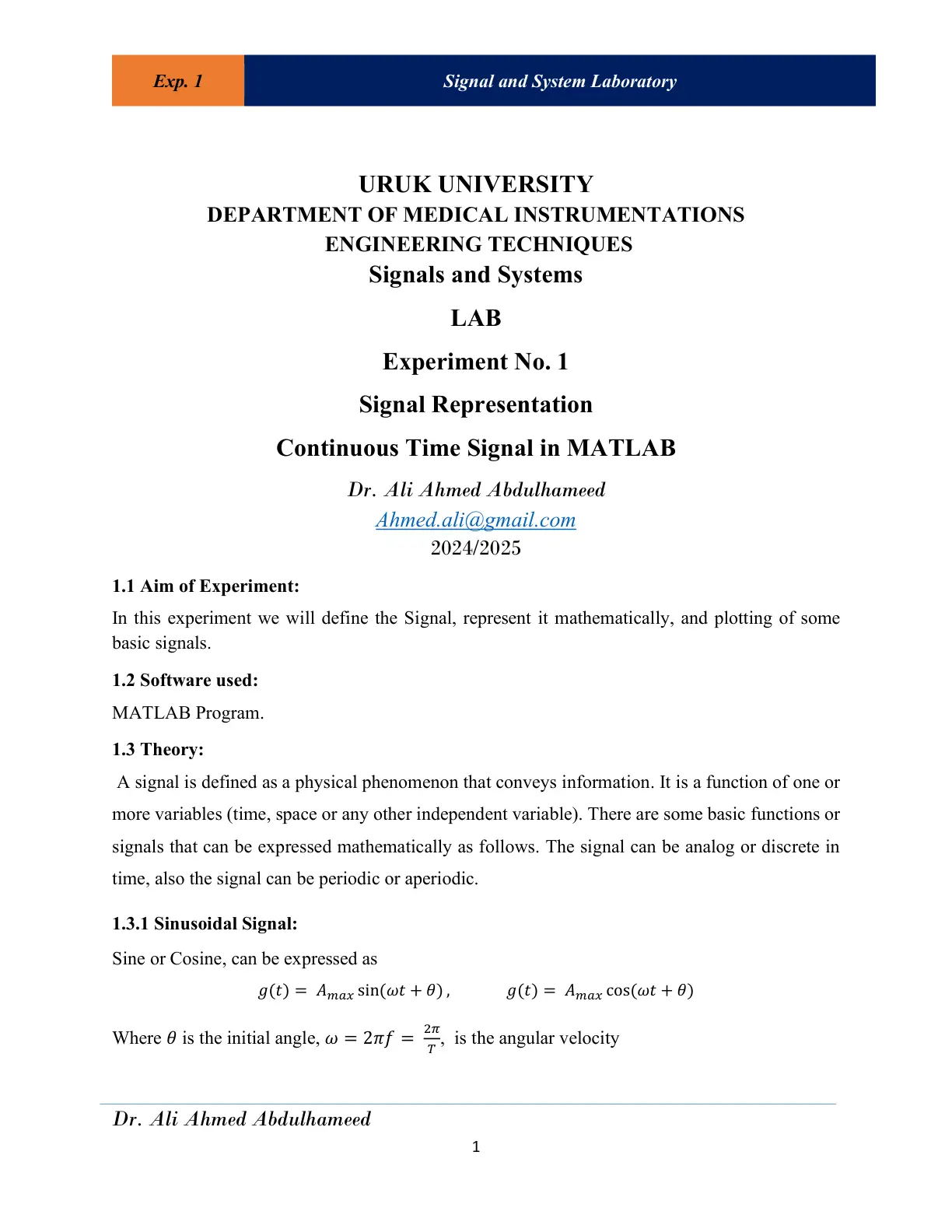 غلاف تقرير Signal Representation - Continuous Time Signal in MATLAB