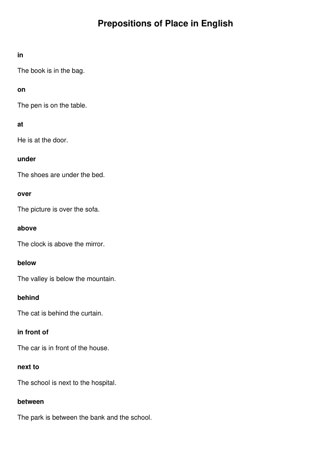 غلاف تقرير Prepositions of Place in English