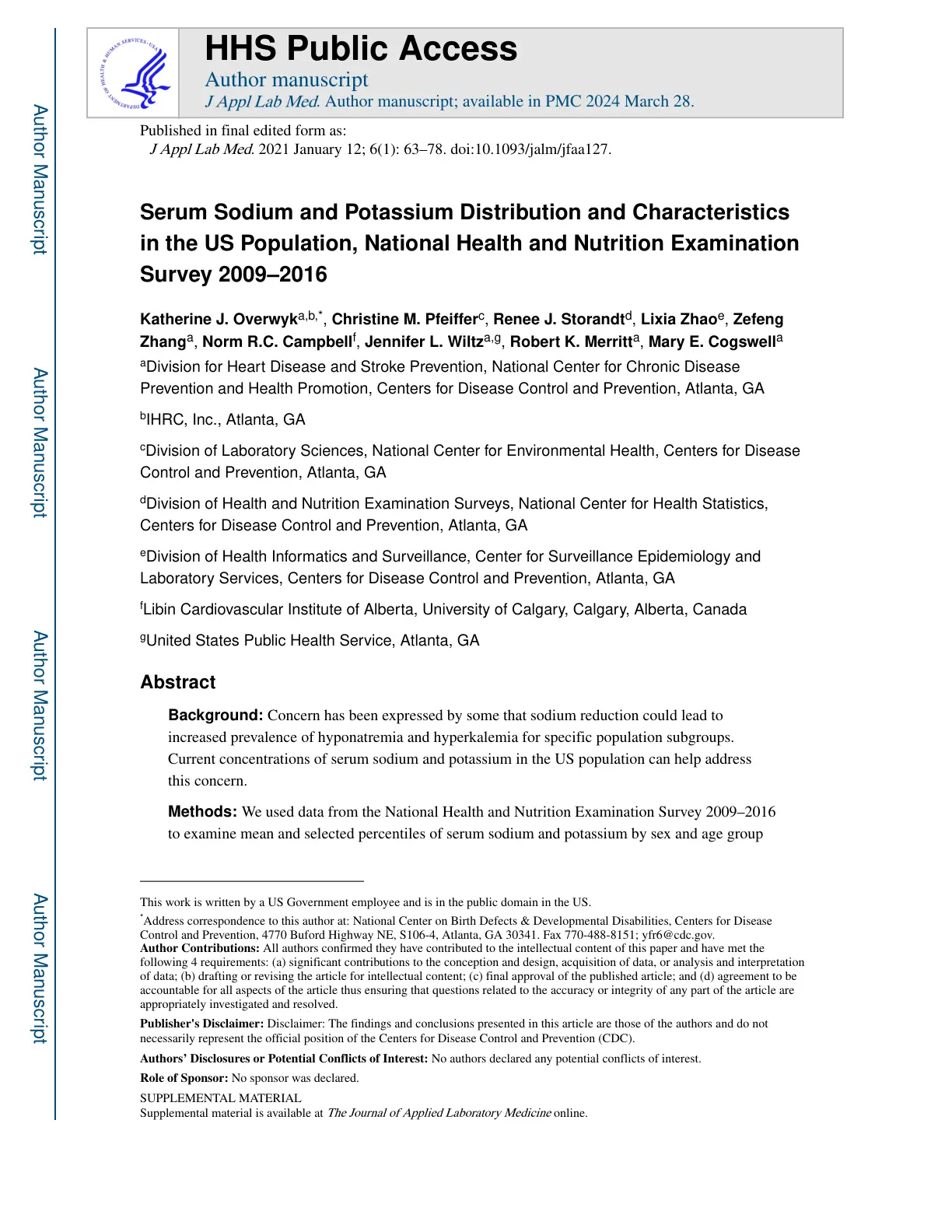 غلاف تقرير Serum Sodium and Potassium Distribution and Characteristics in the US Population, National Health and Nutrition Examination Survey 2009-2016