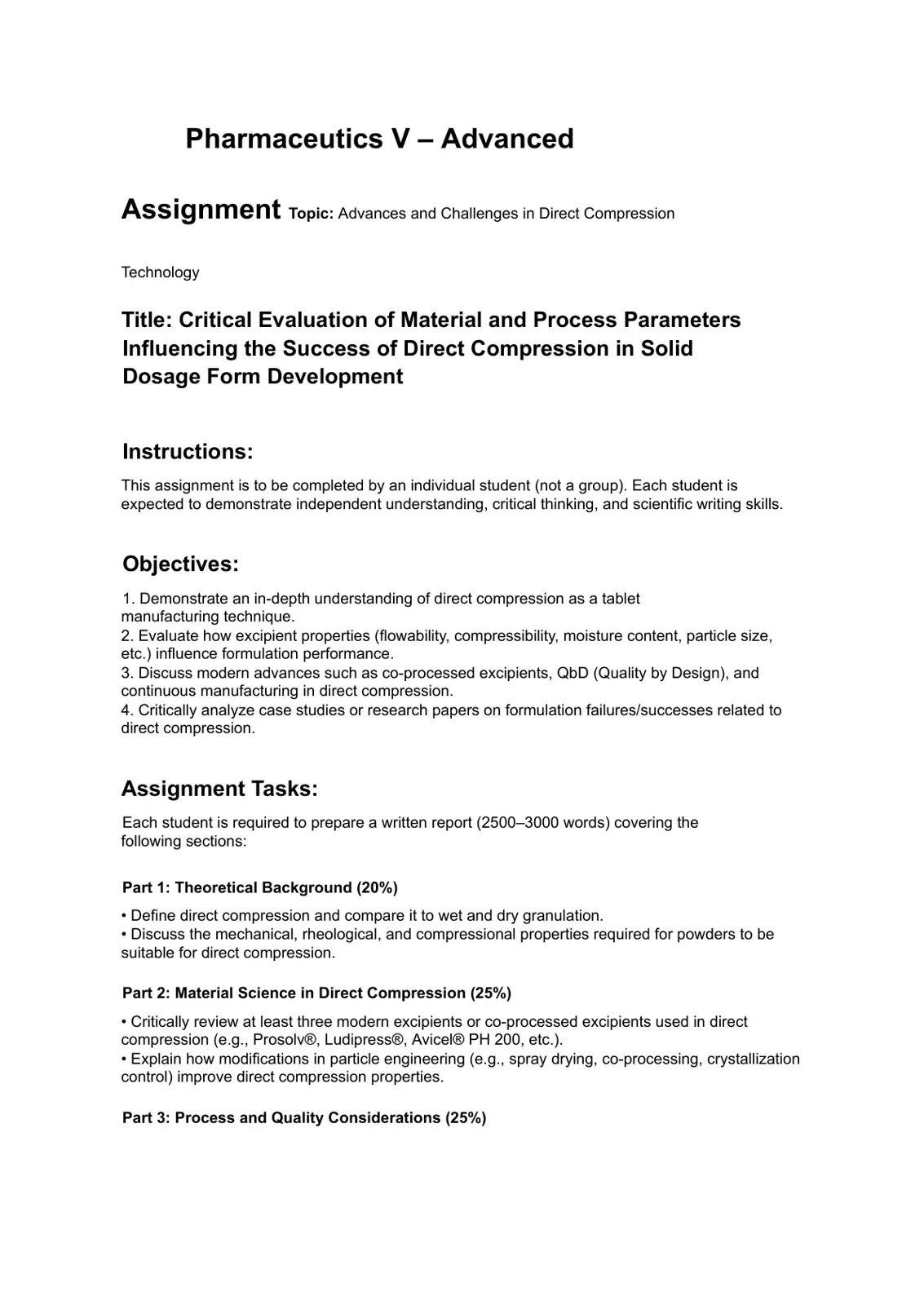 غلاف تقرير Critical Evaluation of Material and Process Parameters Influencing the Success of Direct Compression in Solid Dosage Form Development