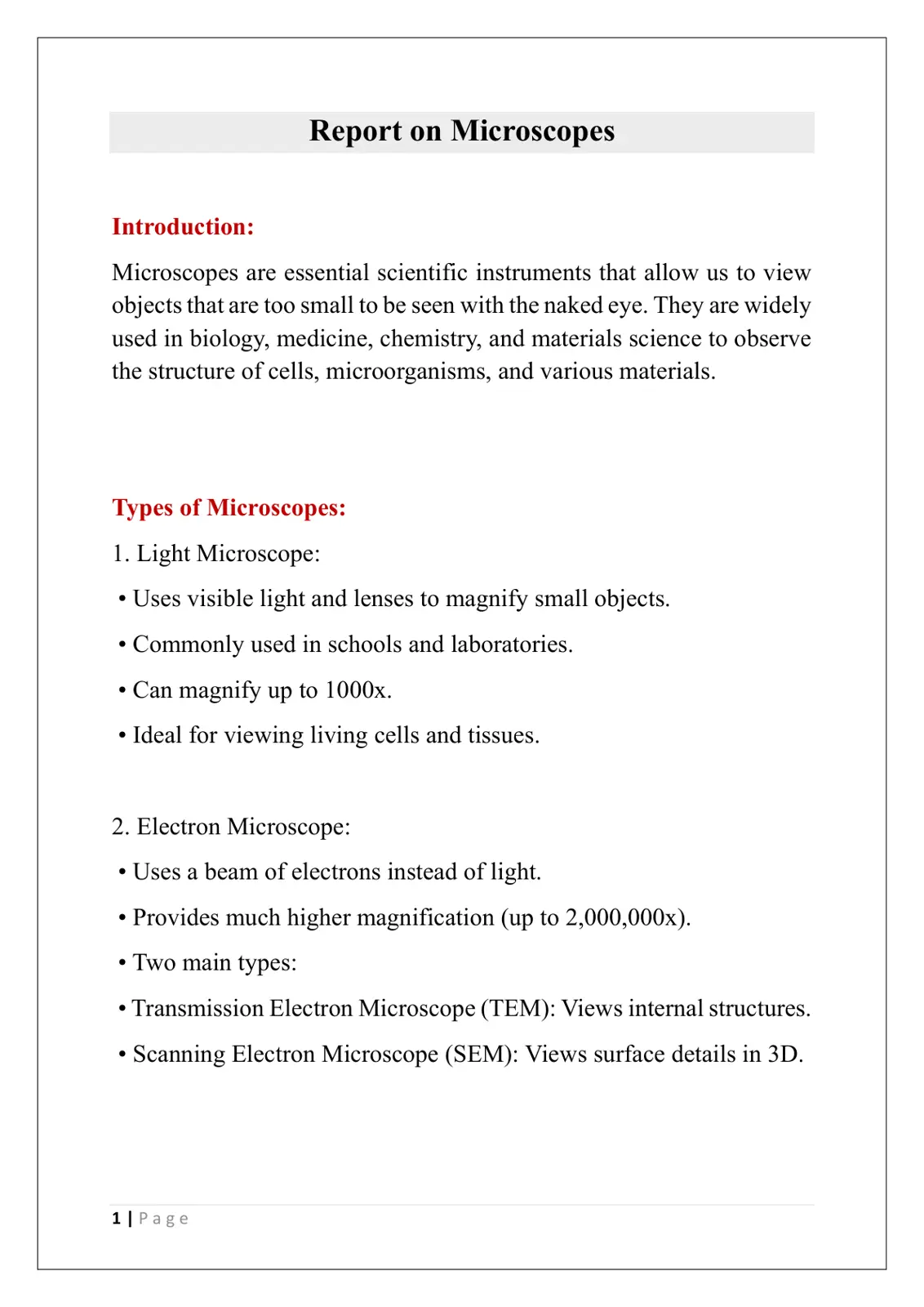 غلاف تقرير Report on Microscopes