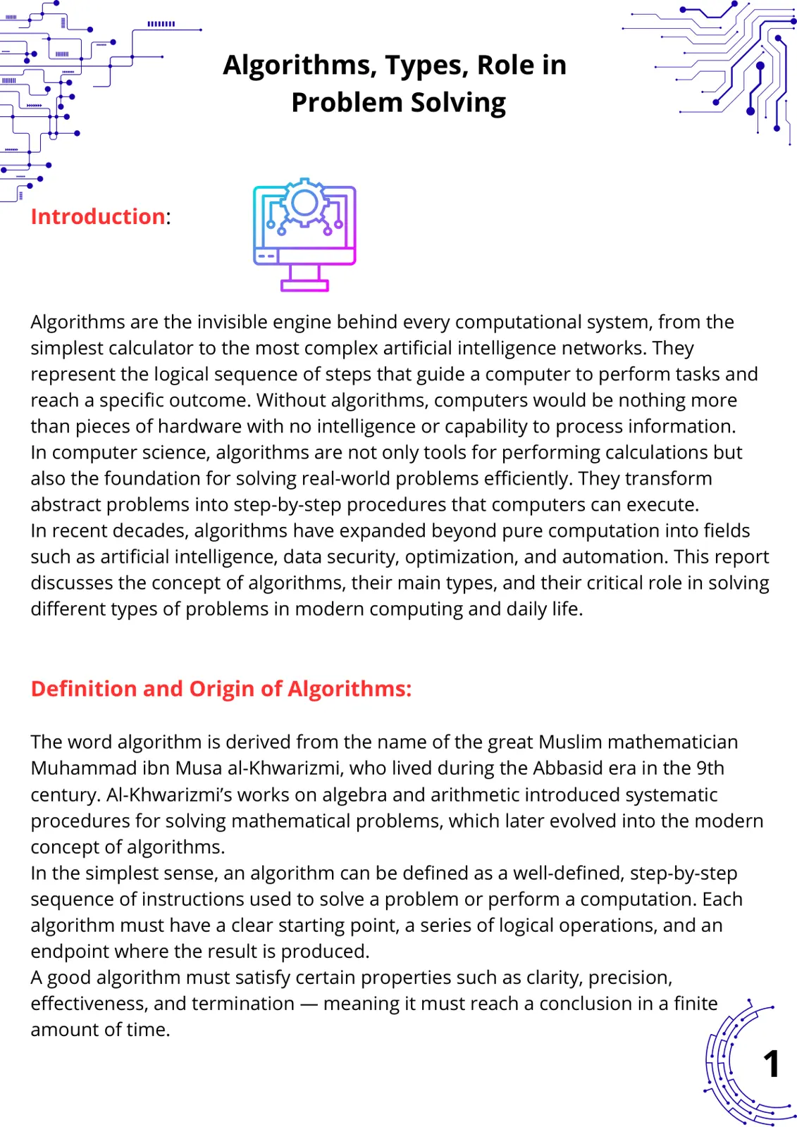 غلاف تقرير Introduction: Algorithms, Types, Role in Problem Solving
