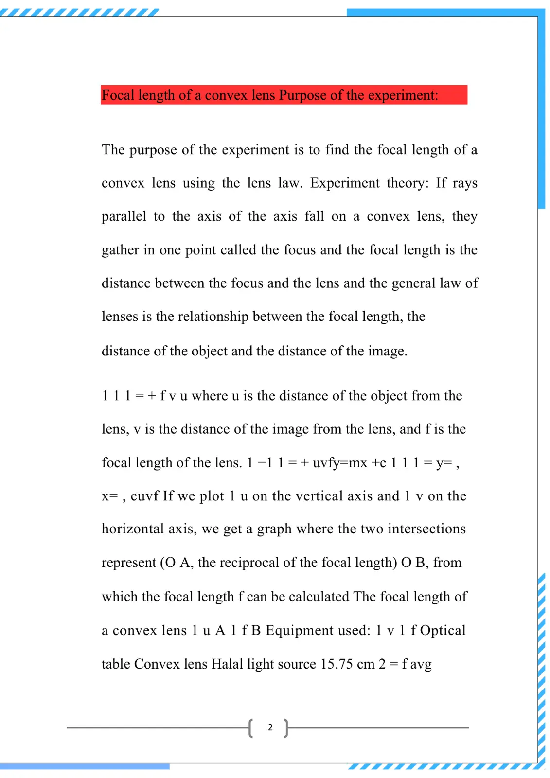 غلاف تقرير Focal Length of a Convex Lens