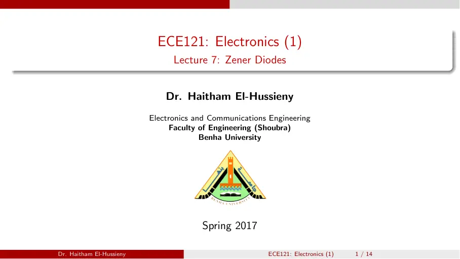 غلاف تقرير ECE121: Electronics (1) - Lecture 7: Zener Diodes