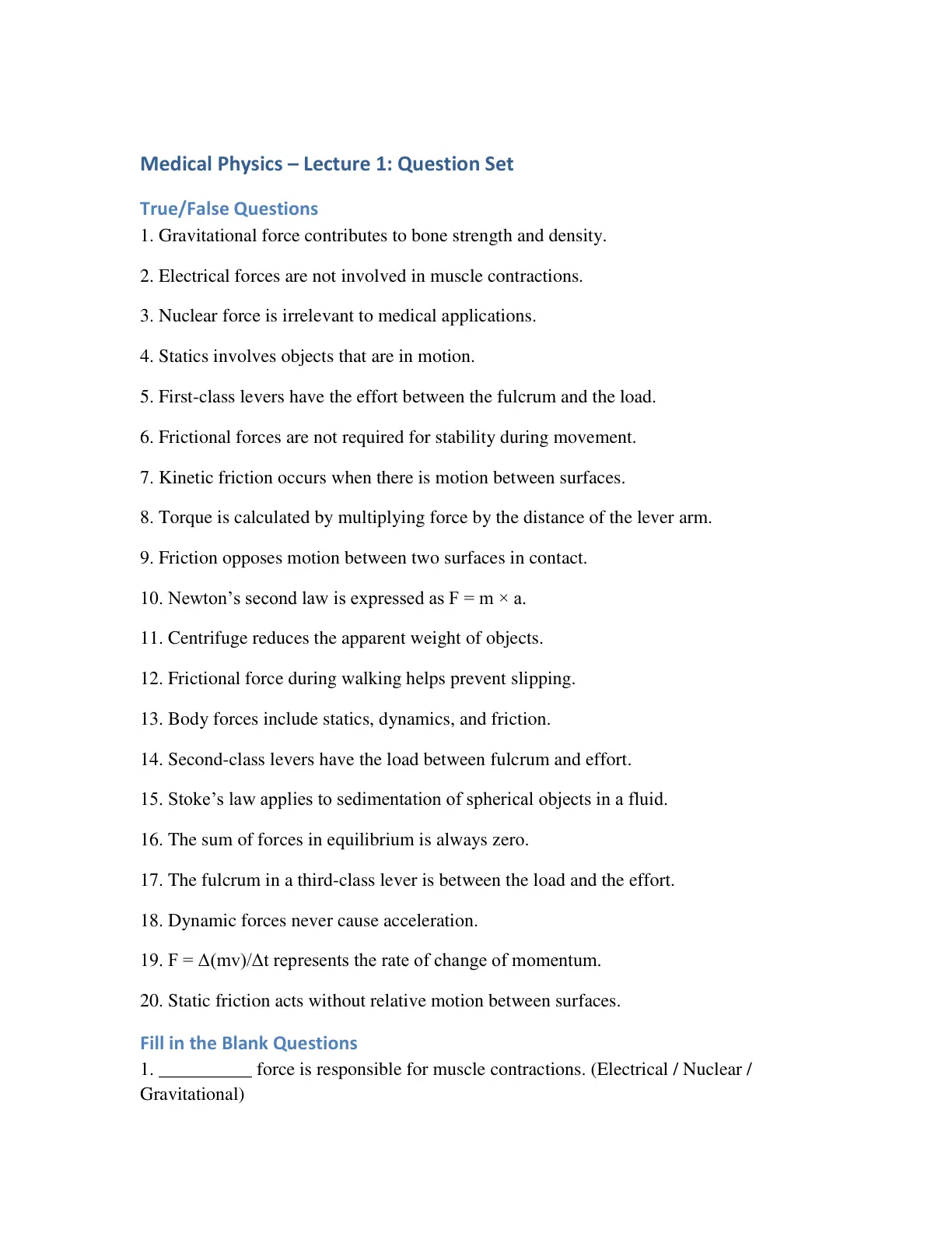 غلاف تقرير Medical Physics – Lecture 1: Question Set