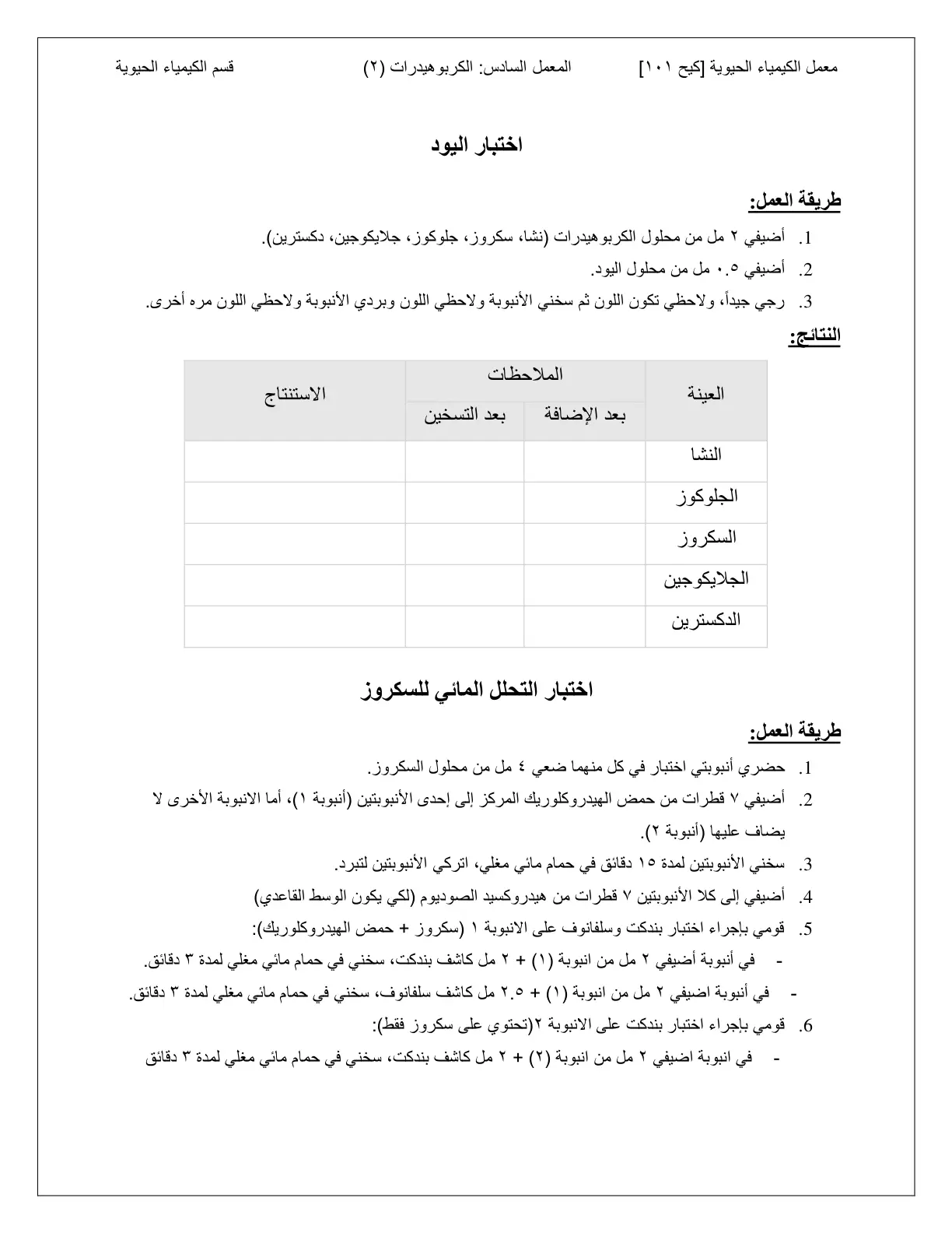 غلاف تقرير معمل الكيمياء الحيوية [كيح ١٠١] - المعمل السادس: الكربوهيدرات (۲)