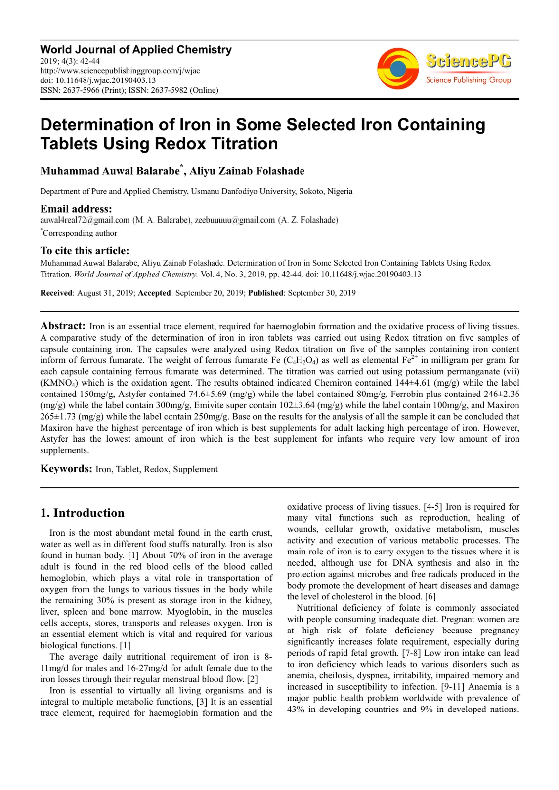 غلاف تقرير Determination of Iron in Some Selected Iron Containing Tablets Using Redox Titration