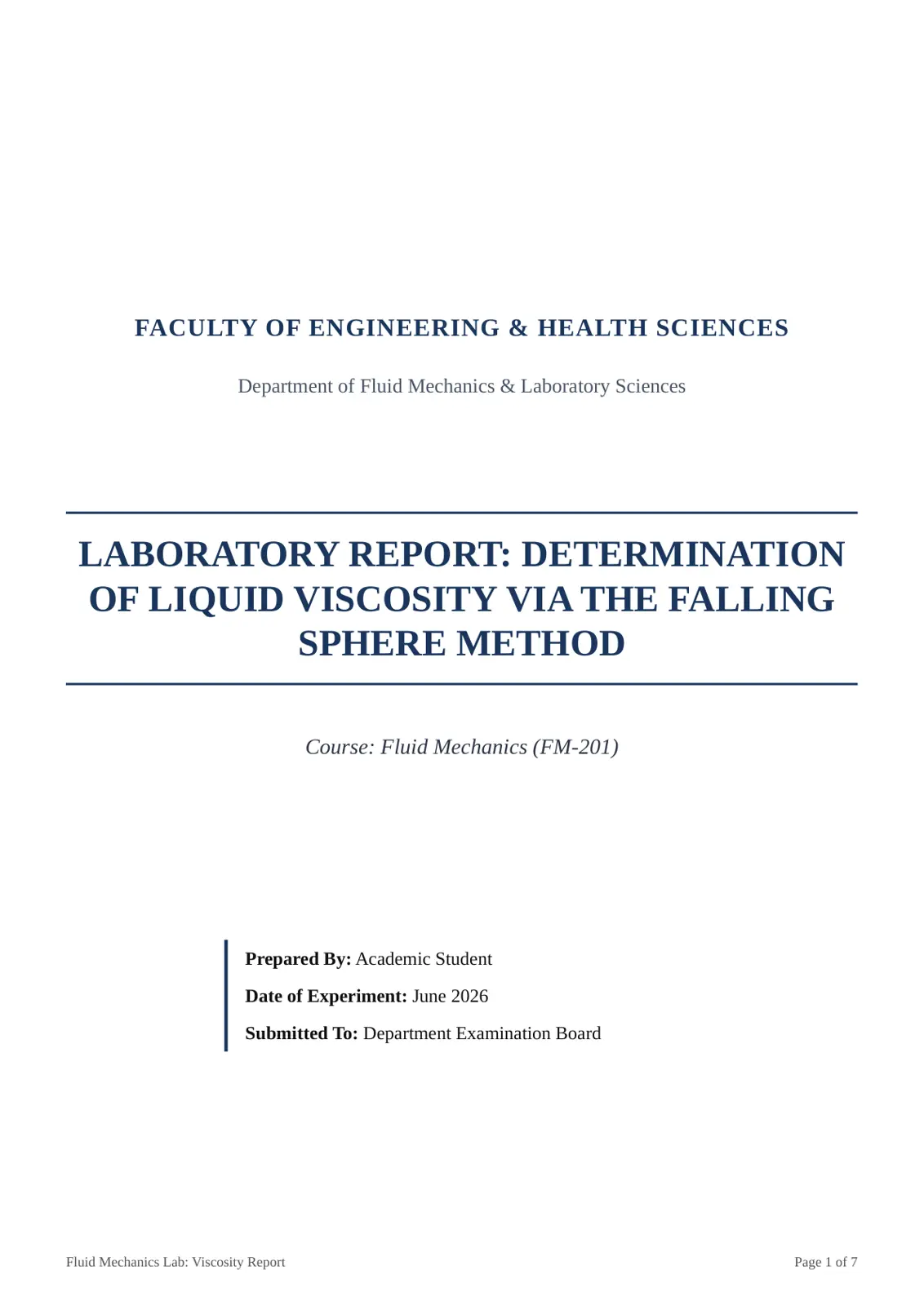 غلاف تقرير Laboratory Report: Determination of Liquid Viscosity via the Falling Sphere Method