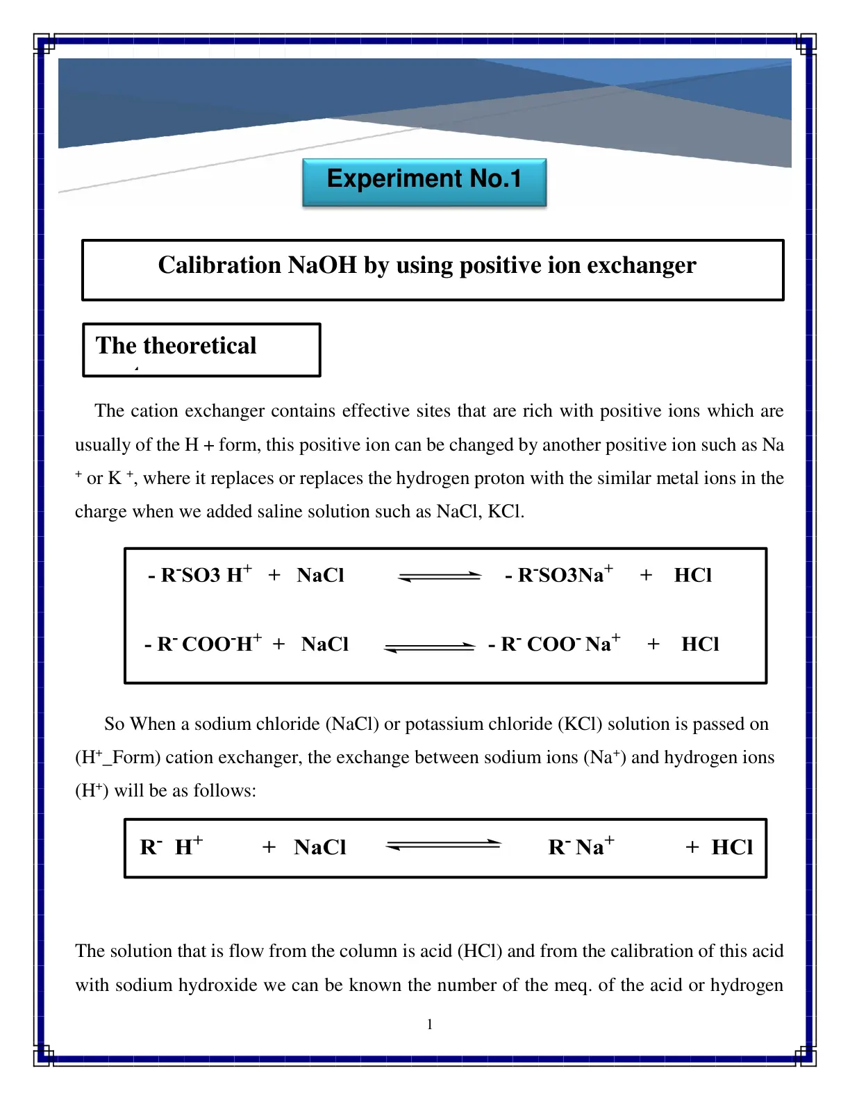 غلاف تقرير Calibration NaOH by Using Positive Ion Exchanger
