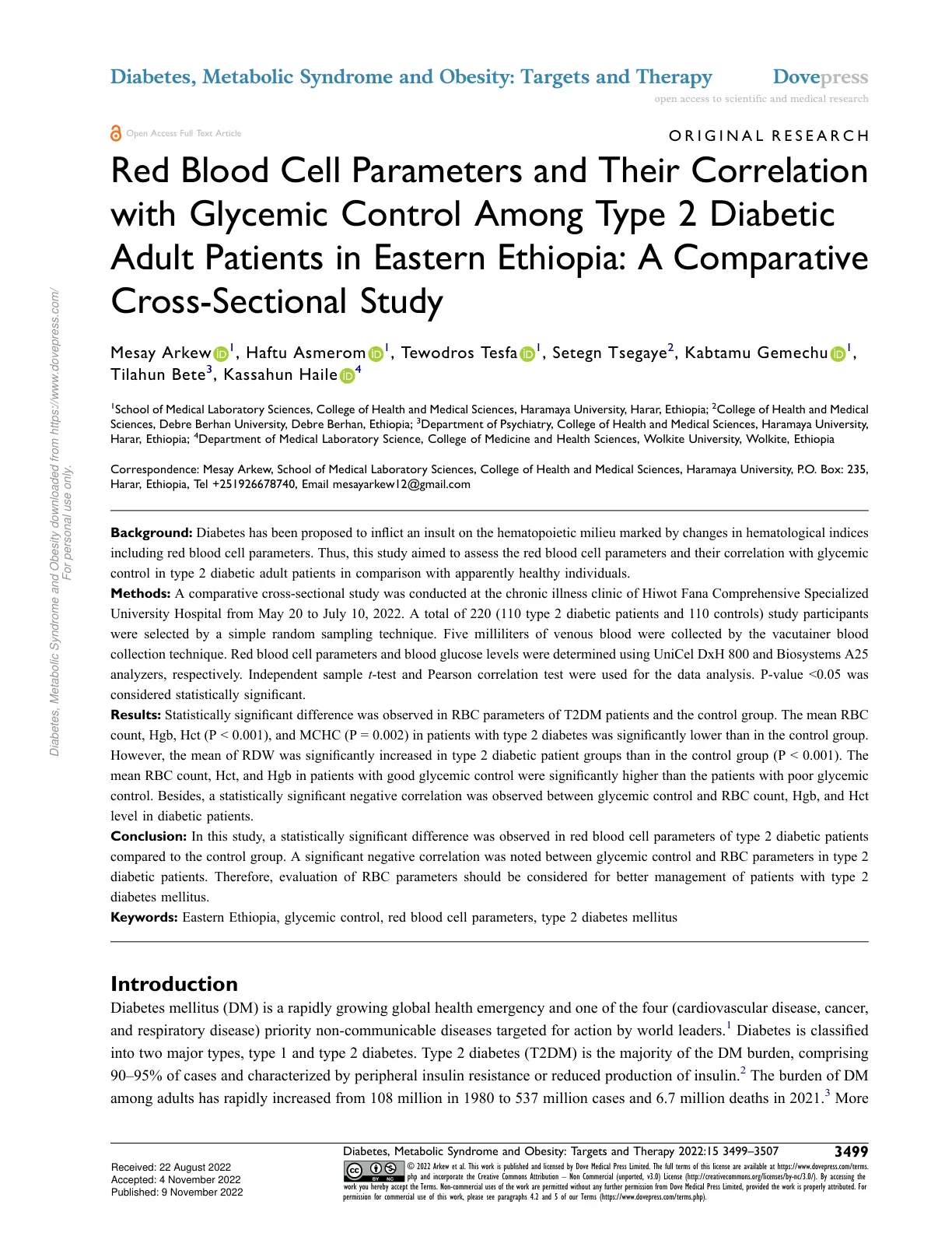 غلاف تقرير Red Blood Cell Parameters and Their Correlation with Glycemic Control Among Type 2 Diabetic Adult Patients in Eastern Ethiopia: A Comparative Cross-Sectional Study