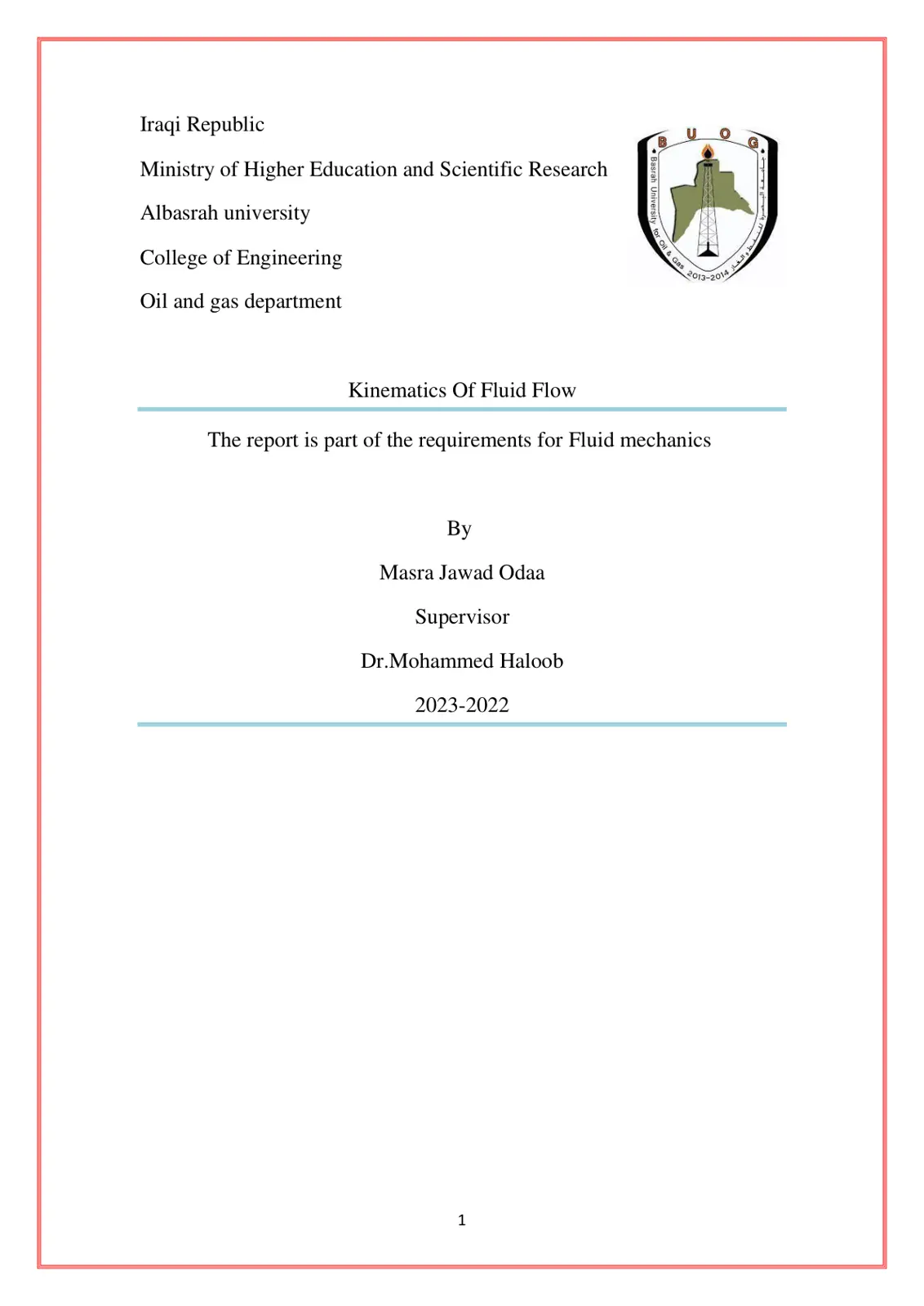 غلاف تقرير Kinematics Of Fluid Flow