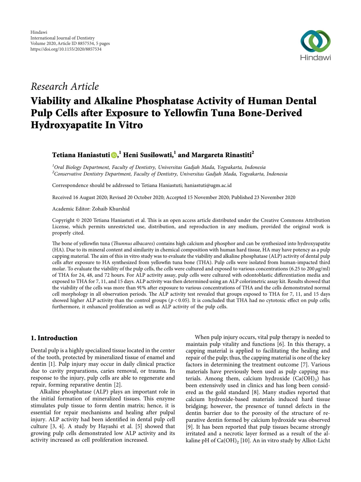 غلاف تقرير Viability and Alkaline Phosphatase Activity of Human Dental Pulp Cells after Exposure to Yellowfin Tuna Bone-Derived Hydroxyapatite In Vitro