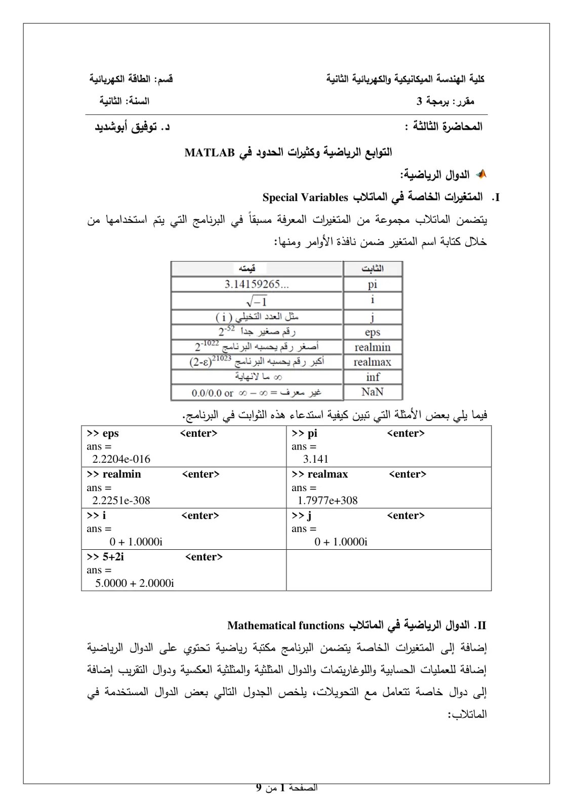غلاف تقرير الدوال الرياضية - التوابع الرياضية وكثيرات الحدود في MATLAB