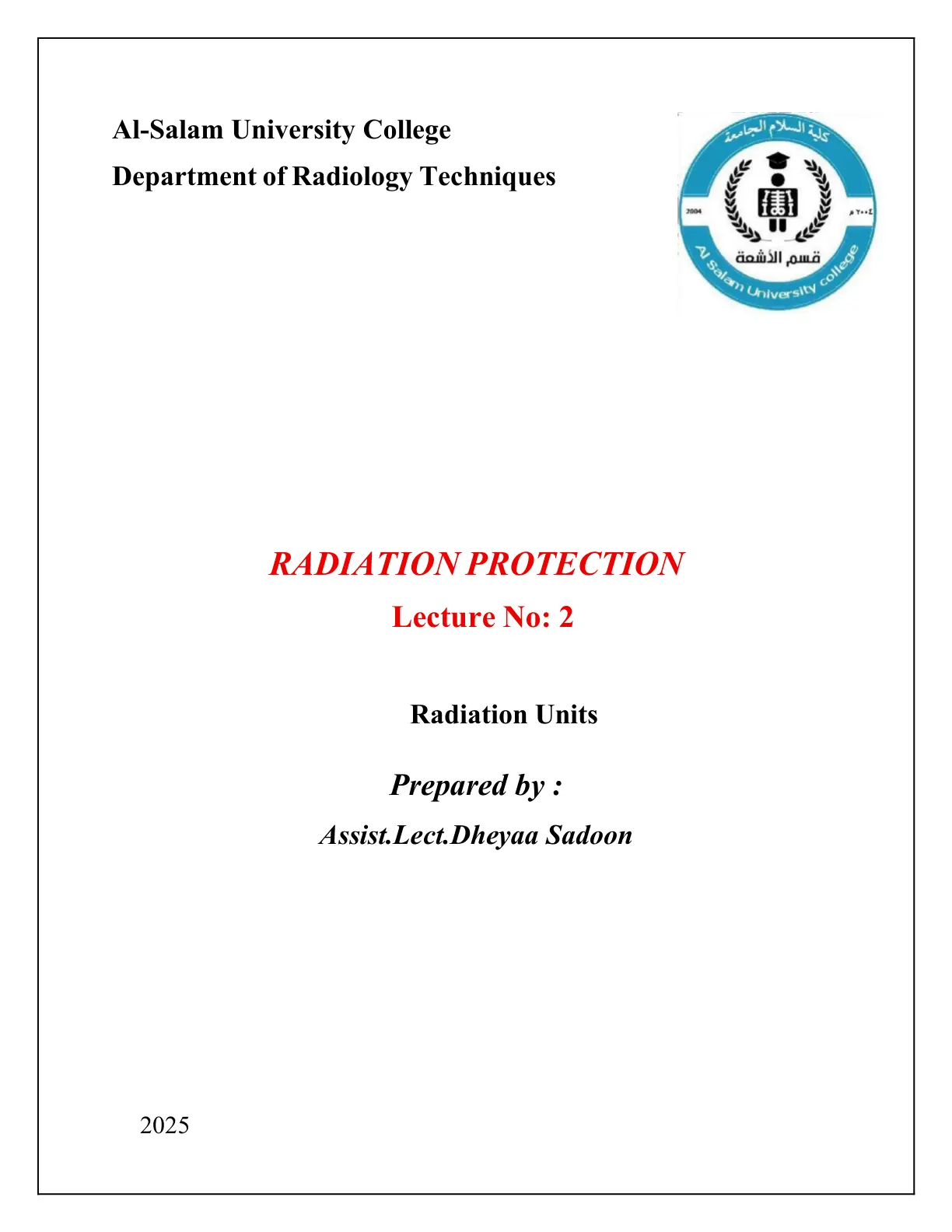 غلاف تقرير RADIATION PROTECTION – Lecture 2: Radiation Units