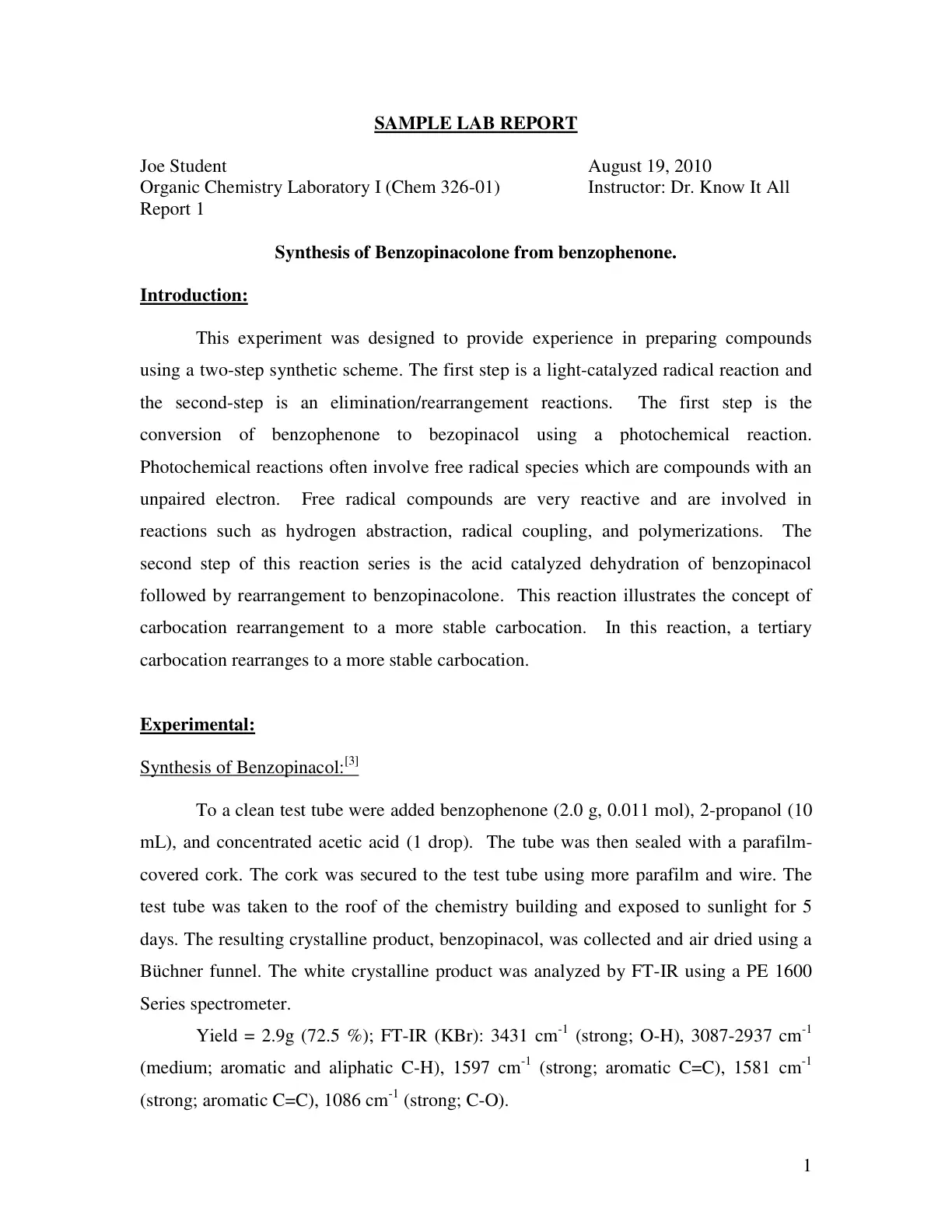 غلاف تقرير Synthesis of Benzopinacolone from Benzophenone - Sample Lab Report